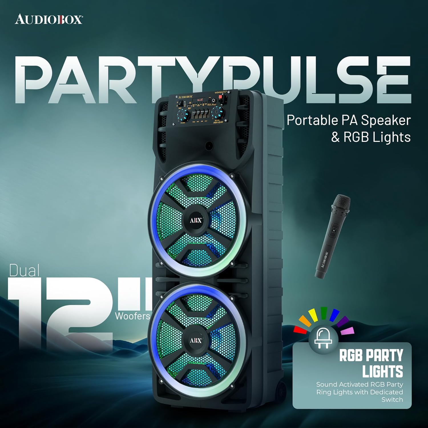 Audiobox ABX-214R Portable Bluetooth Speaker Karaoke Machine - Dual 12" Woofers, RGB Party Lights, AUX, Lightweight with Loud Bass, Singing Machine with Bluetooth & Wireless Microphone - 37-Inch Tall - Image 5