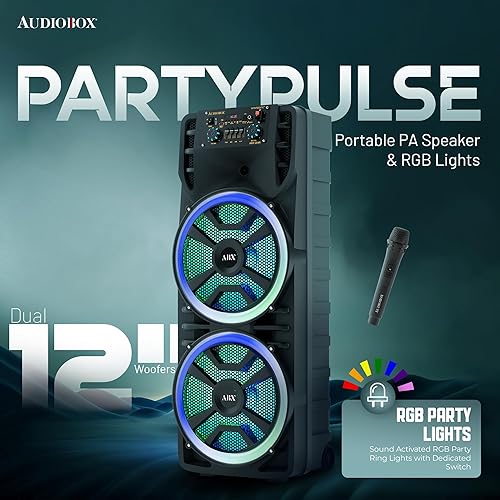 Miniatura 5 de Audiobox ABX-214R Altavoz Bluetooth portátil dual de 12 pulgadas, peso ligero pero fuerte con BASS, luces de fiesta RGB, micrófono inalámbrico,