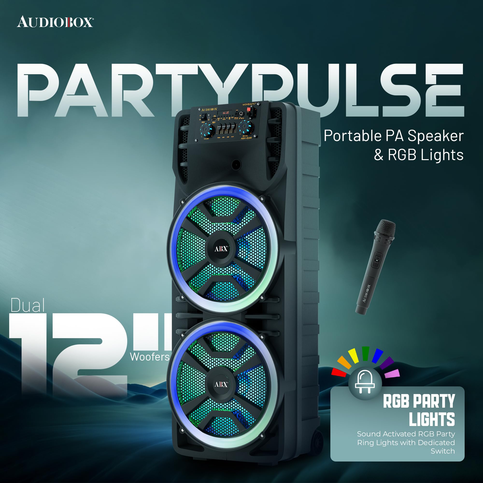 Audiobox ABX-214R Dual 30,5 cm tragbarer Bluetooth-Lautsprecher, leicht, aber laut mit BASS, RGB-Partylichtern, kabellosem Mikrofon, Lautstärke, Höhen und Bassreglern, 94 cm hoch