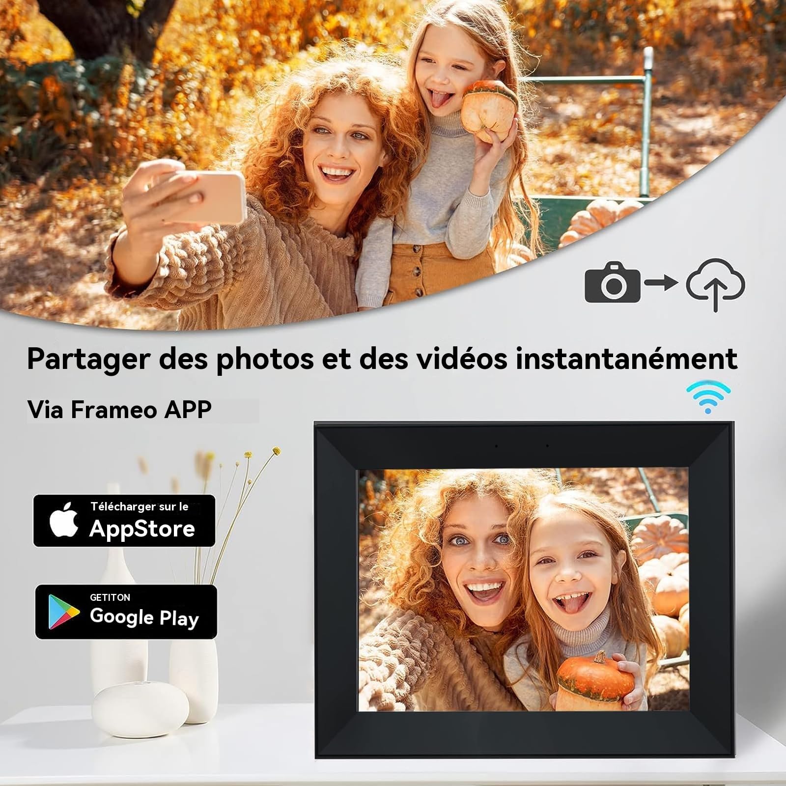 Cadre Photo Numérique 10.1 Pouces WiFi, 1280x800 HD IPS | Cadre Numérique Photo Tactile 32G, Rotation Auto pour Vidéo Musique, Cadeau Familial