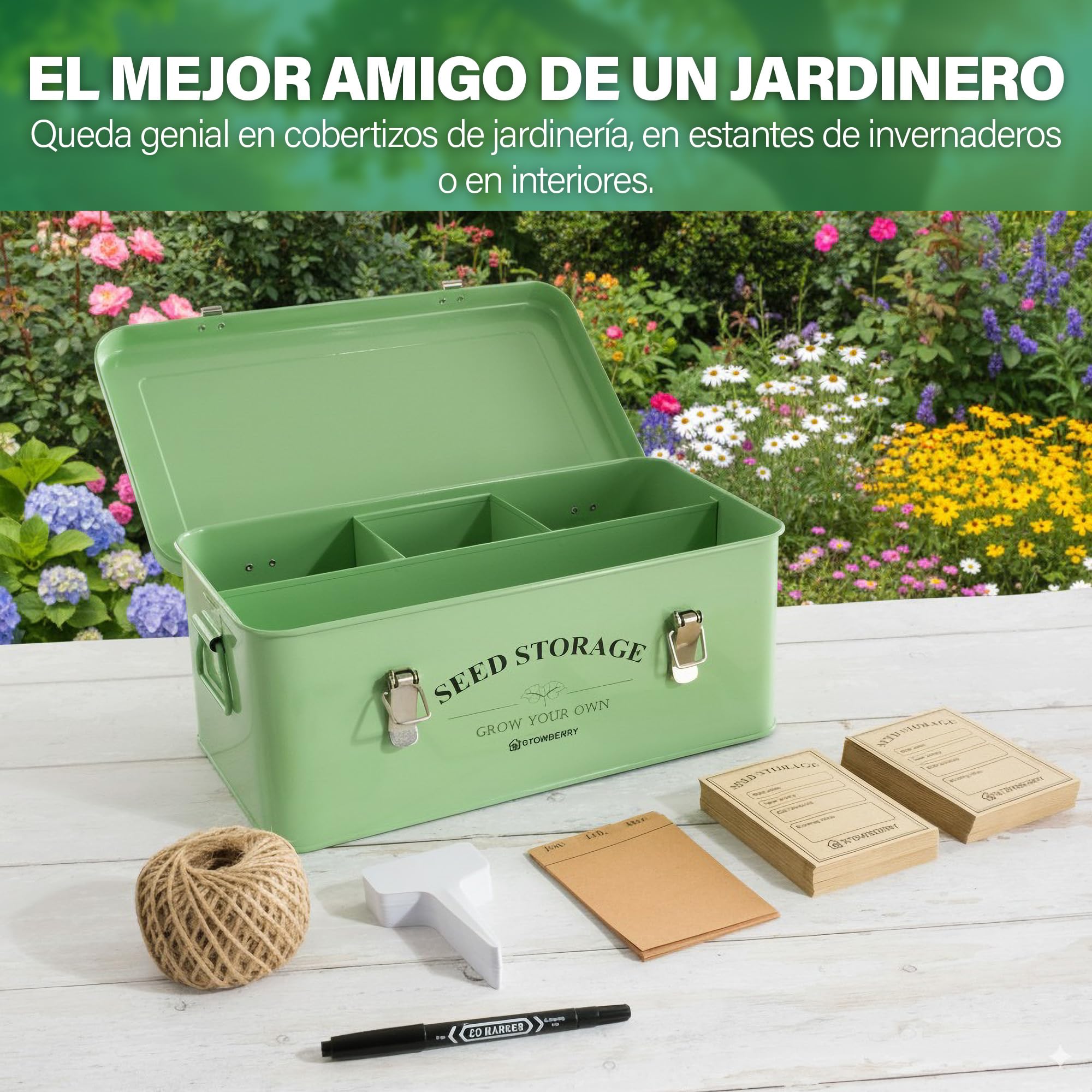 Caja organizadora para almacenar semillas: lata con tapa, asas y 4 compartimentos – Ideal para guardar paquetes de semillas. Regalo de jardinería con más de 200 accesorios.
