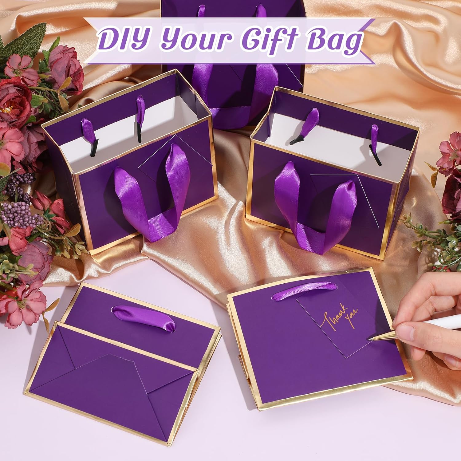 Yeaqee 50 Pcs Mini Metallic Gift Bags with Handles 4x4.75x2.25'' Tiny Thank You Favor Bag with Tag for Women's Day St. Patrick's Wedding Spring Easter Welcome Baby Shower Birthday (Purple,Gold) - Image 4