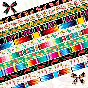 Mexican Fiesta 12-Piece Cinco de Mayo Ribbons - 3/8" Grosgrain Decor Ribbons, 1 Yard Each, Perfect for Fiesta Favor, Birthday Gift Packaging & DIY Supplies