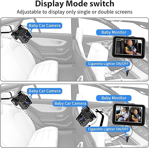Miniatura 7 de Cámara de coche para bebé, doble canal de 5 pulgadas, 1080P, monitor infantil con 2 cámaras de visión nocturna IR y ángulo de visión amplio de 150