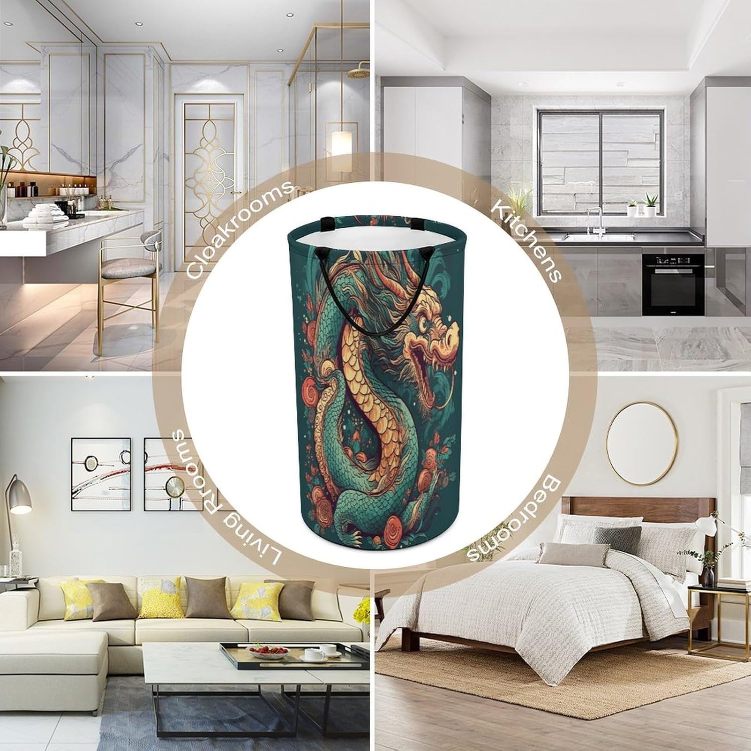 Oriental Dragon Pattern Laundry Hamper Large Collapsible Laundry Basket with Handles Waterproof Clothes Hamper Portable Dirty Clothes Basket for Bedroom Laundry Room Closet Bathroom