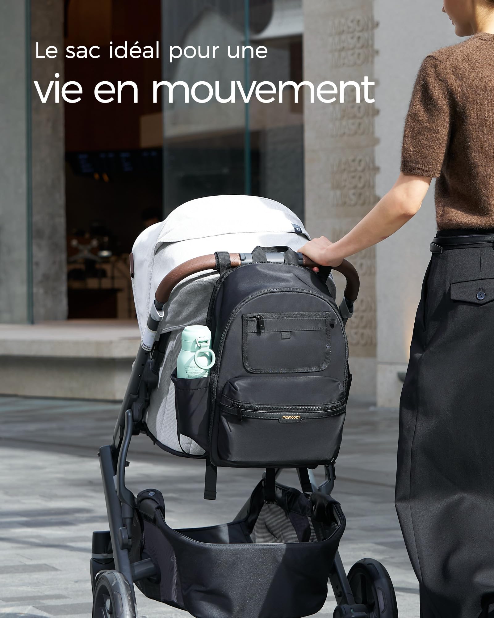 momcozy Sac à Langer Bébé à Dos – Nylon Premium, Léger et Élégant, Grandes Poches de Rangement, Ergonomique pour des Sorties Faciles – Tapis à Langer, Sangles Poussette, Étui Tétine, Essentiel Voyage