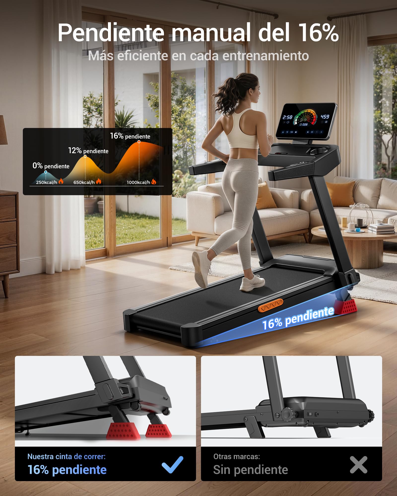 UMAY Cinta de Correr Plegable con Inclinación Automática 20%, 14 KM/H Caminadora Eléctrica con Consola Ajustable en 4 Niveles, 3,5 CV Cinta de Andar con Pantalla LED, hogar y la Oficina 180KG
