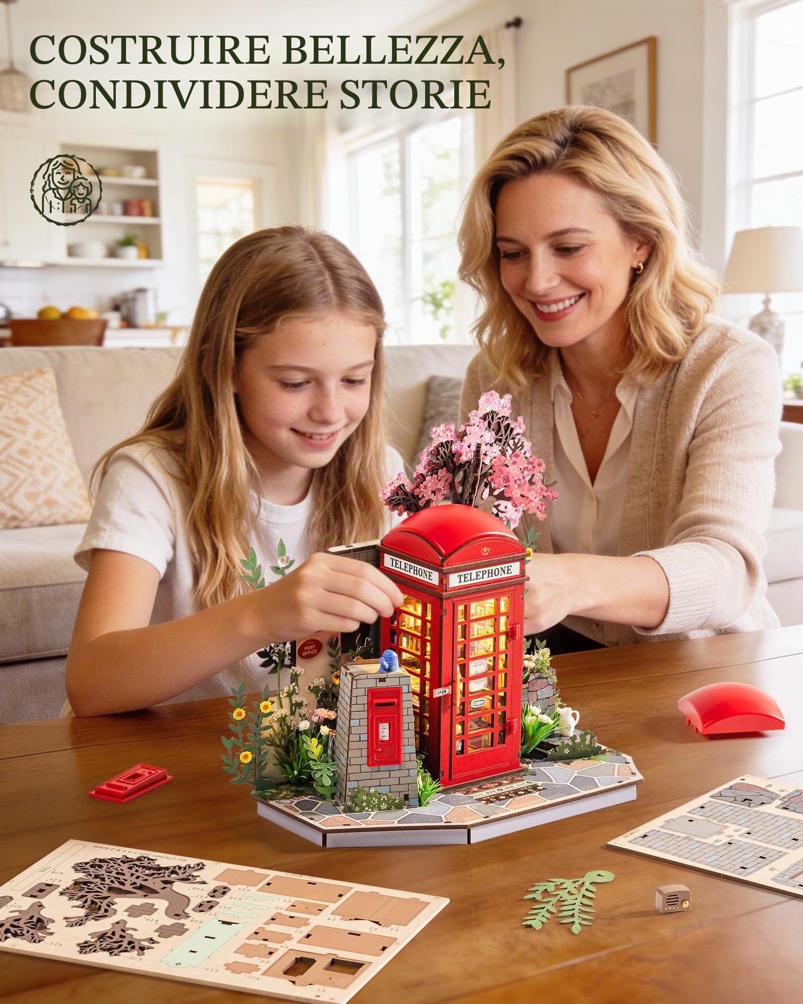 Rolife Puzzle 3D in Legno Cabina Telefonica Rossa di Londra Blossom Chiosco di Libri Modellino Fai da Te per Adulti con Luci LED Decorazione per la Casa Idea Regalo Creativa per Viaggiatori
