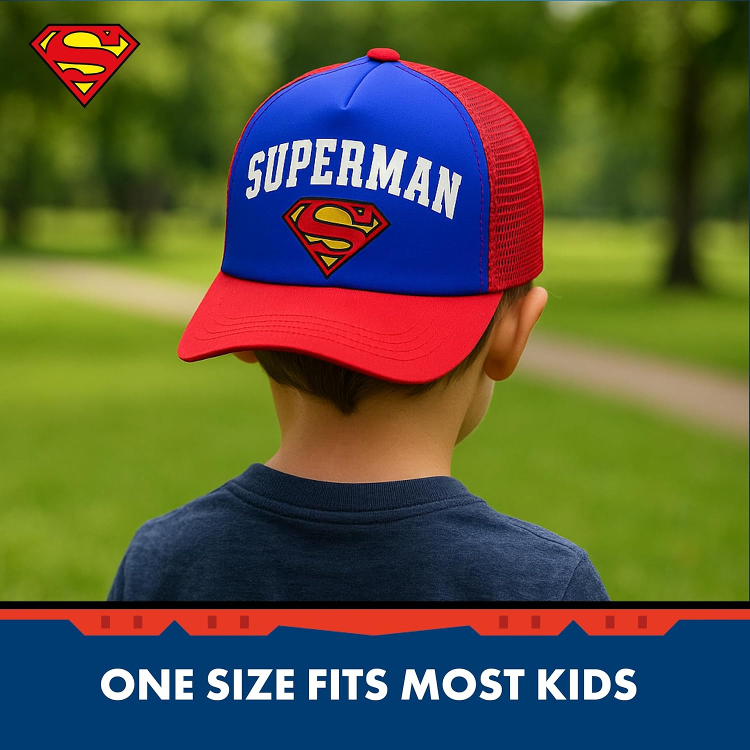 DC Comics Superman Kids Trucker Hat, Boys Adjustable Snapback Baseball Cap with Curved Brim, Blue, One Size - Image 5