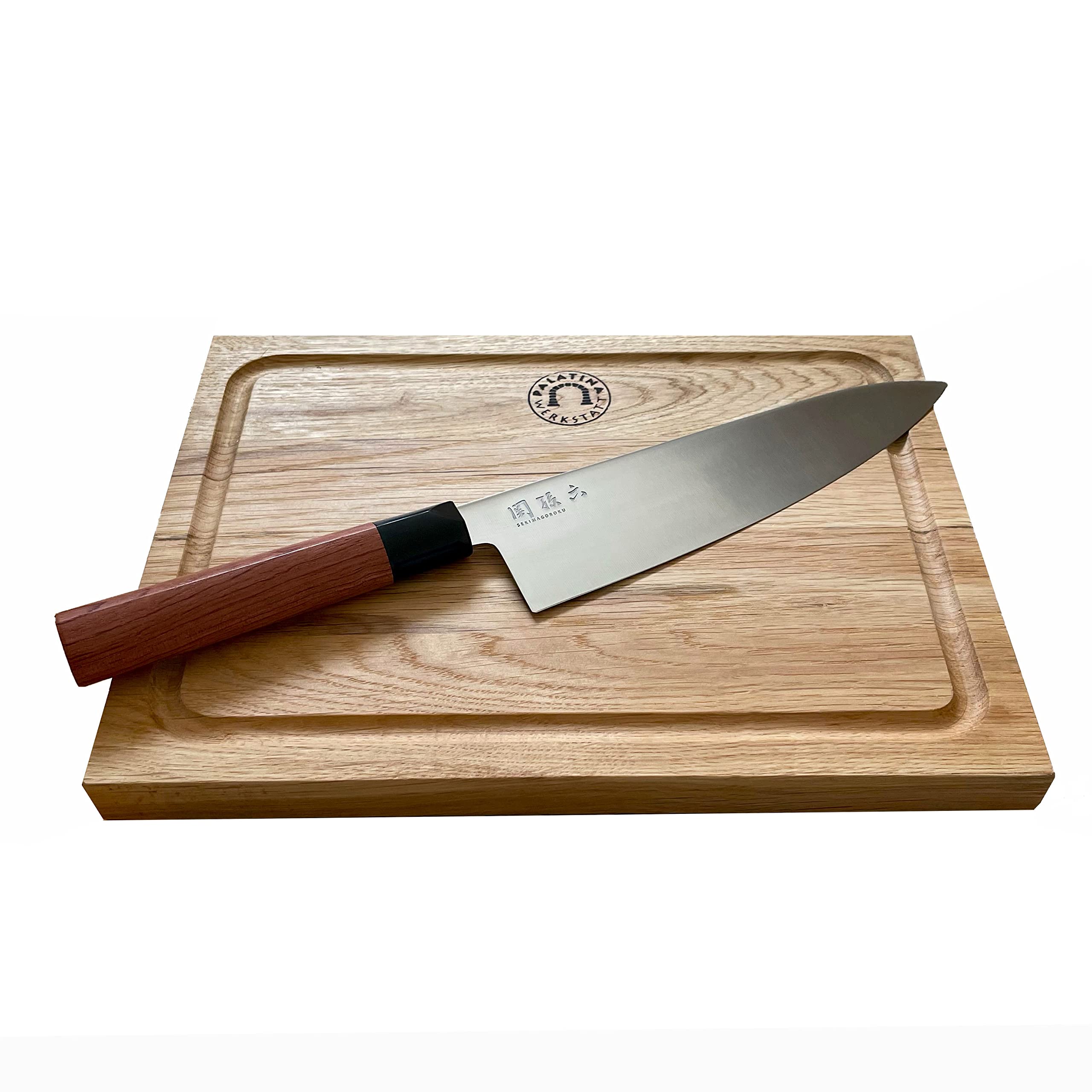 KAI Seki Magoroku Red Wood uchwyt, nóż szefa kuchni z ostrzem ze stali nierdzewnej 20 cm + deska dębowa 30 x 22 cm z rowkiem na sok
