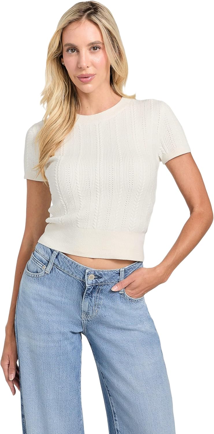 GUESS Womens Eco Short Sleeve Chenille Marcie Cable Sweater