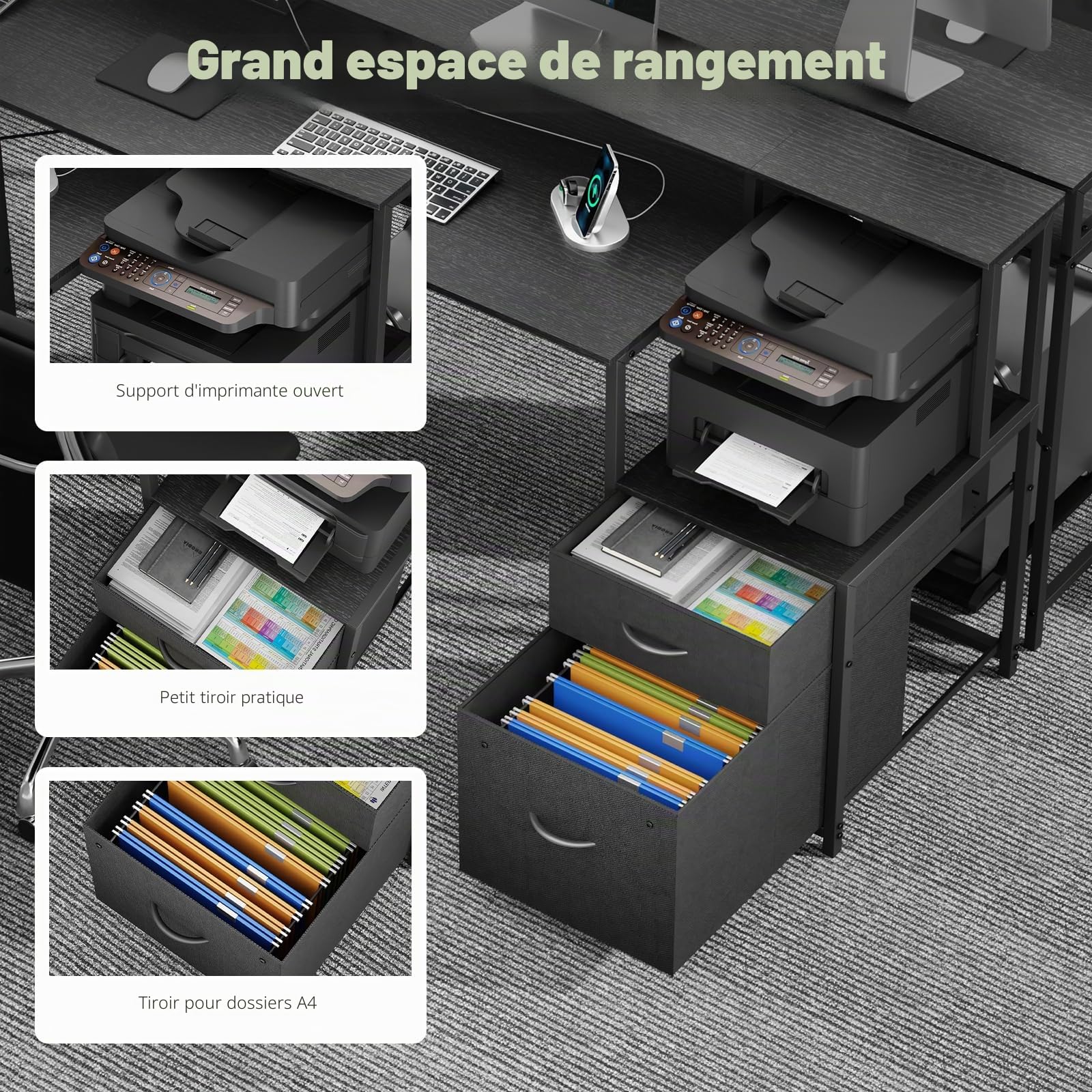 YOUDENOVA Bureau Gaming LED Bureau d'angle avec Tiroirs Bureau d'Ordinateur 168x100cm Table Gamer avec Prise Intégrée & Port USB Table Gaming avec Support d'écran Noir