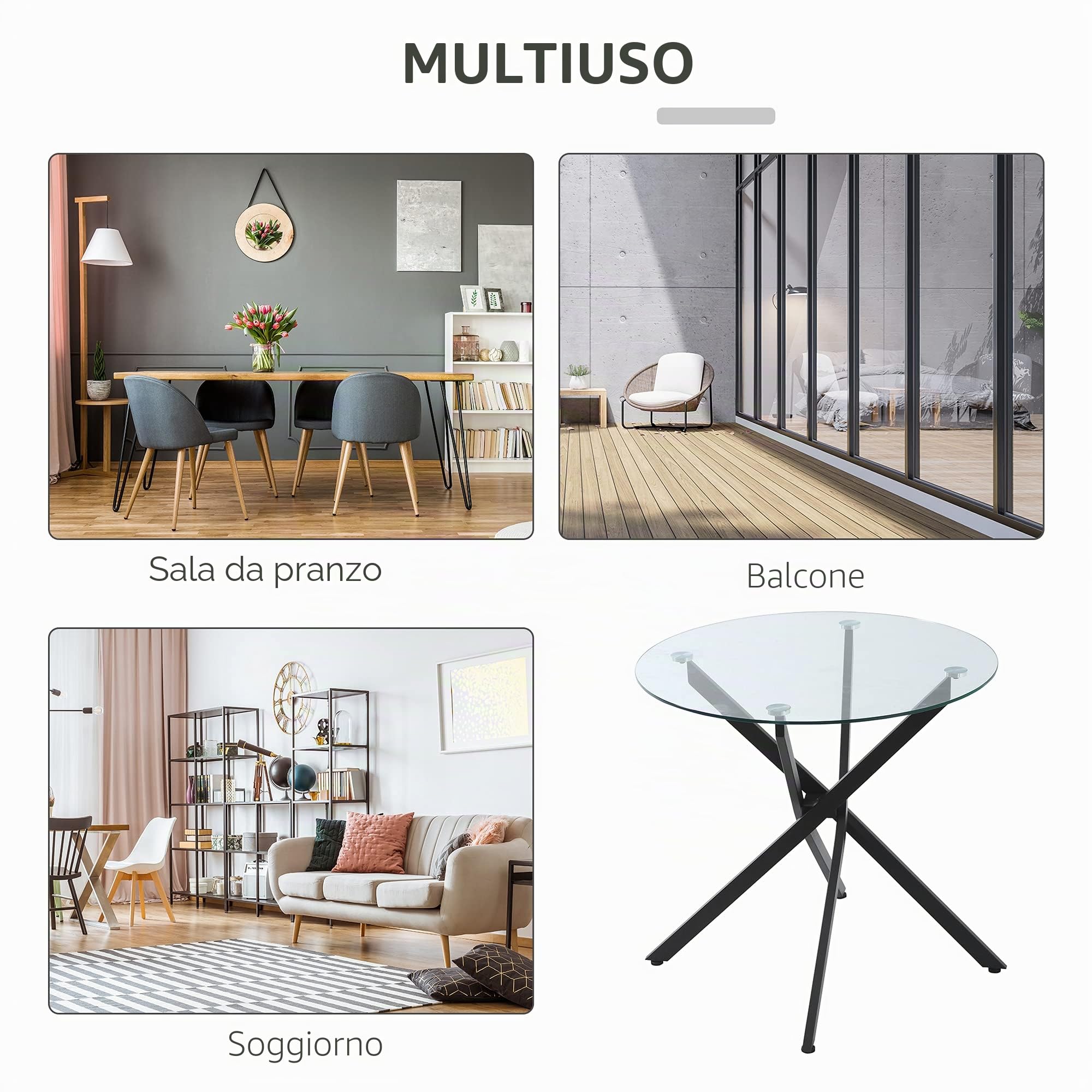 HOMCOM Tavolo Rotondo in Vetro e Gambe Incrociate in Metallo, Tavolino Moderno per Soggiorno e Studio, 80x80x75cm, Nero
