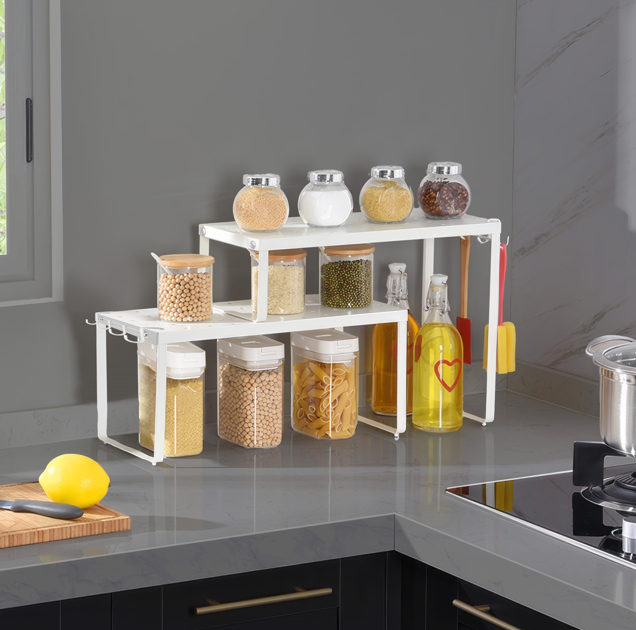 ABJA NOVELTIES Premium Rackã€‘Kitchen Counter Top Organizer Corner Shelf, Metal 2 Tier Spice, Storage, Oil Stand, Tabletop Adjustable Rack For Bed Room, Makeup, Office (White, Tier) (B0D28S7RVZ) Amazon Price History, Amazon Price Tracker