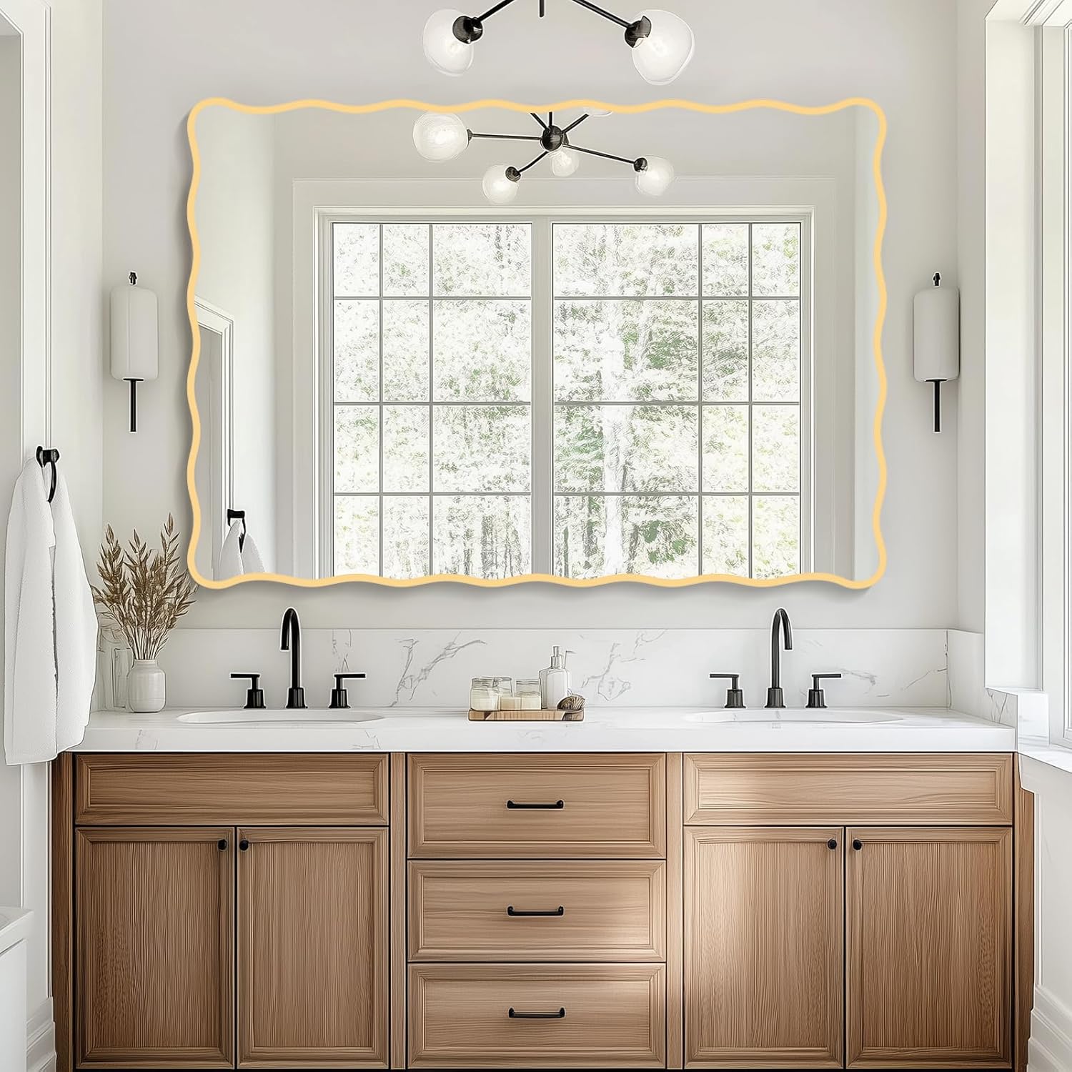 Gold Wavy Bathroom Mirror 28" x 40" Rectangle Scalloped Mirror for wall Decor, Bathroom Vanity, Bedroom, Living Room, Entryway
