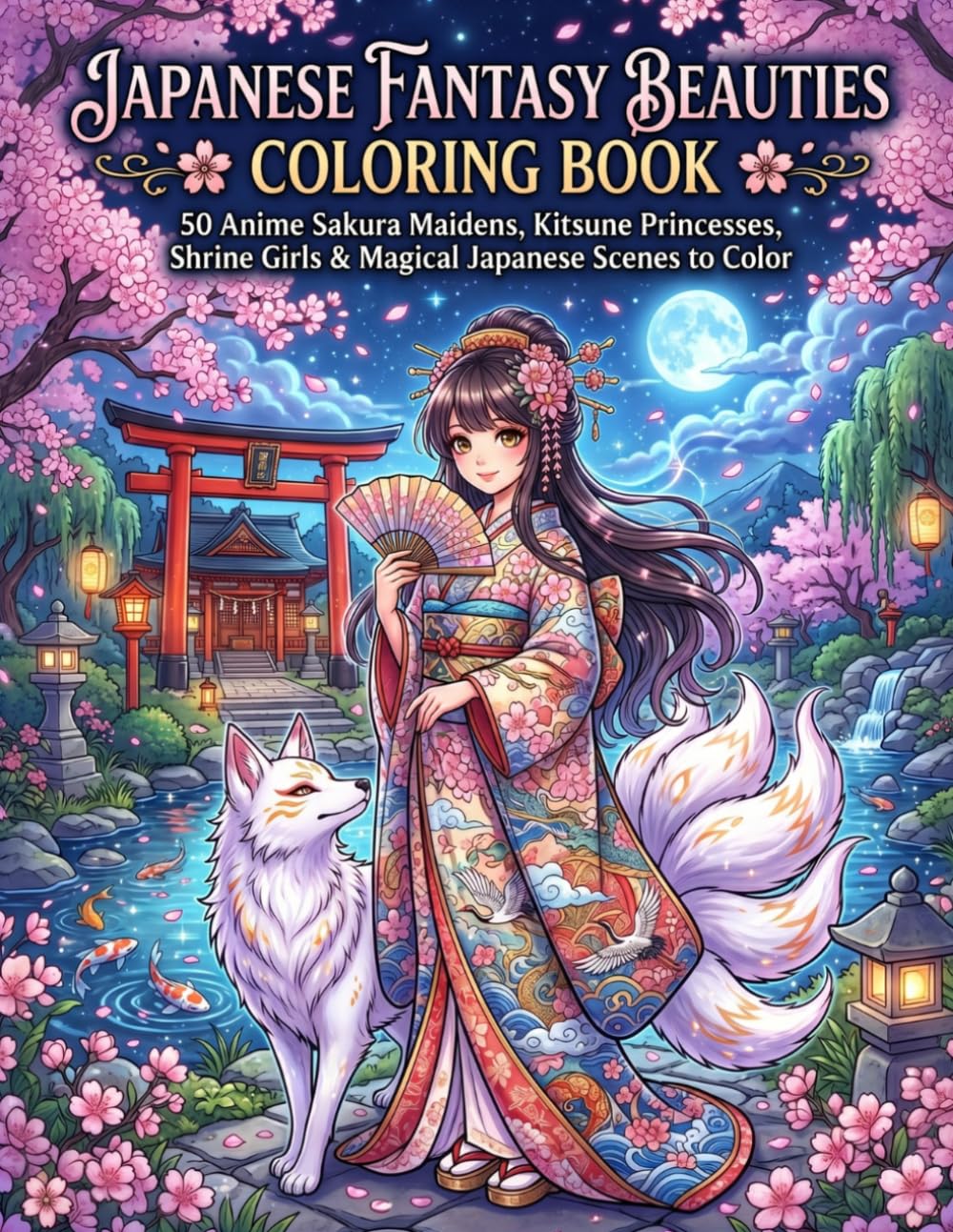 Japanese Fantasy Beauties Coloring Book: 50 Anime Sakura Maidens, Kitsune Princesses, Shrine Girls & Magical Japanese Scenes to Color