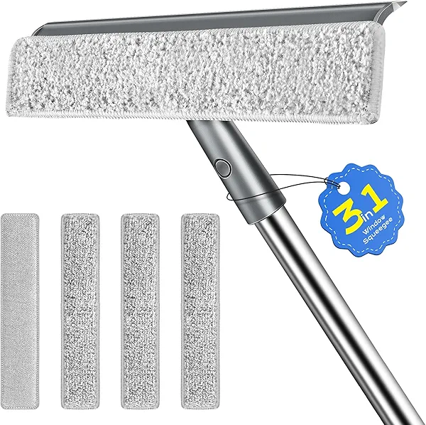 3 in 1 Window Squeegee with 55" Extension Poles Streak-Free Microfiber Scrubber for Outdoor/Indoor Windows, Shower Glass Door, Car Windshield, Window Tracks, Solar Panels, RV/Camper Windows
