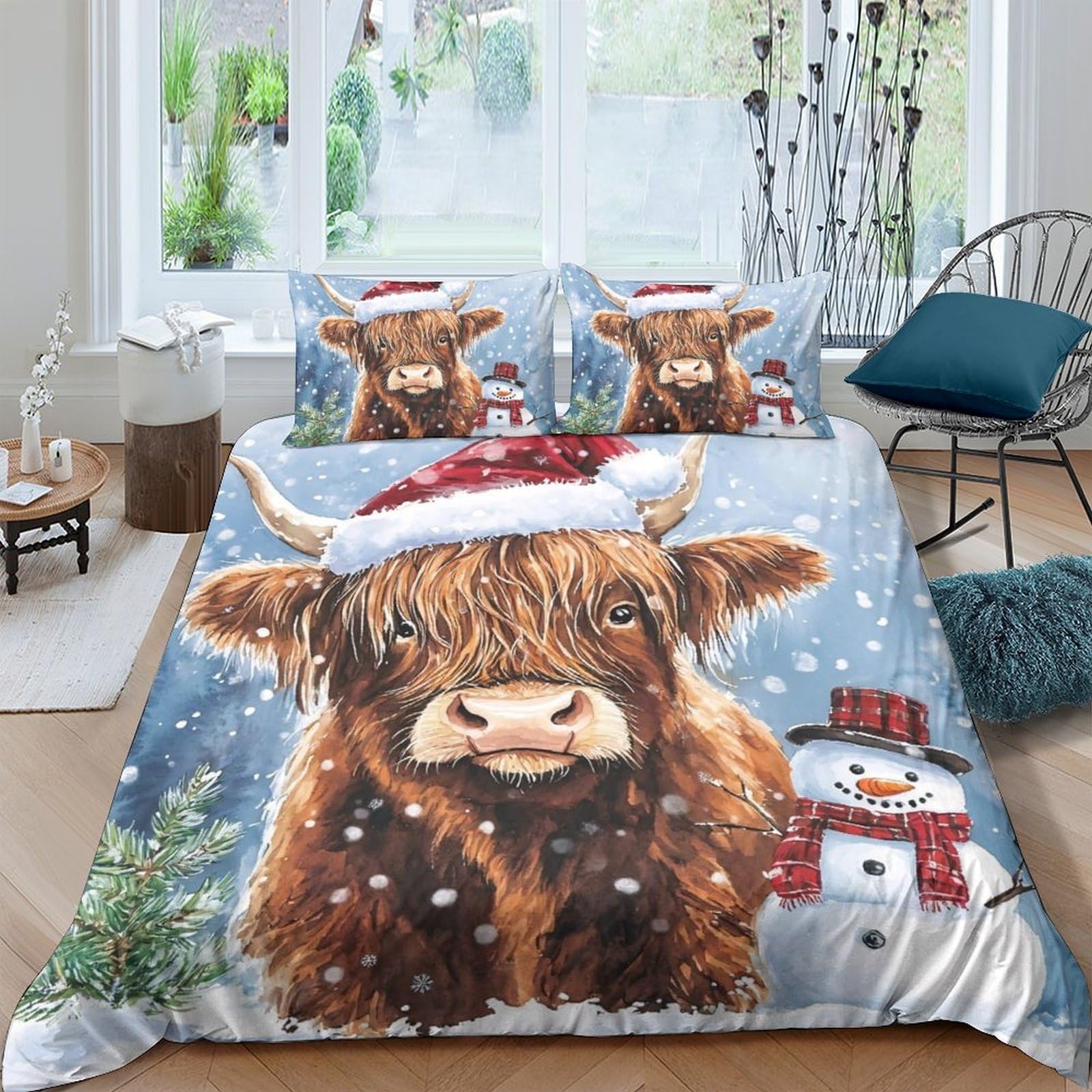 Ctjqhvkz Style-7 3D Printed Highland Cow Christmas Fitted Sheet Microfiber Anti-Slip Bed Sheet Snowman Mattress Cover Bedroom Decor Single（135X200cm）