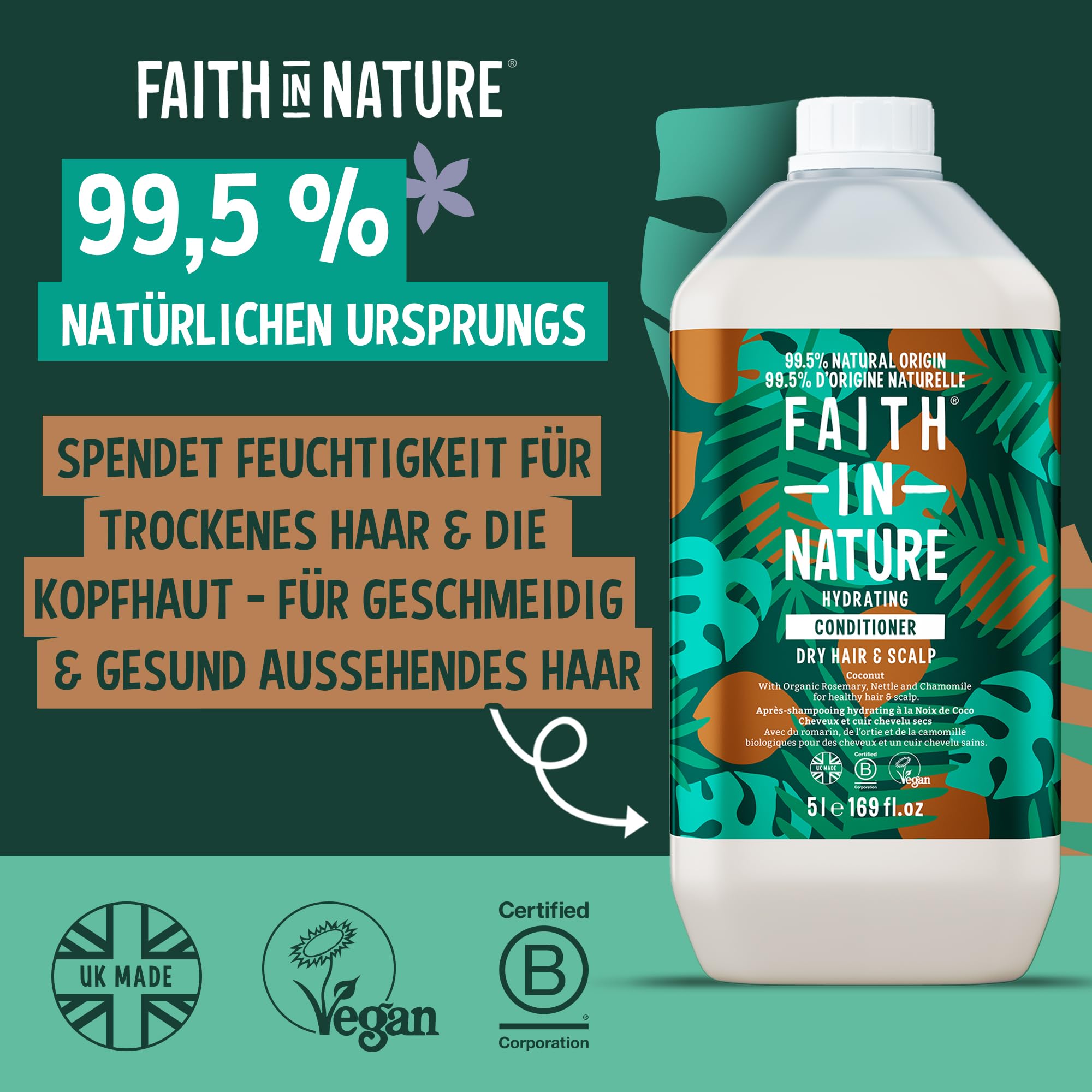 Faith In Nature Bio Kokosnuss Conditioner, Feuchtigkeitsspendend für trockenes Haar & trockene Kopfhaut, Vegan und tierversuchsfrei, Ohne SLS, Silikone oder Parabene, 5 L Nachfüllpack
