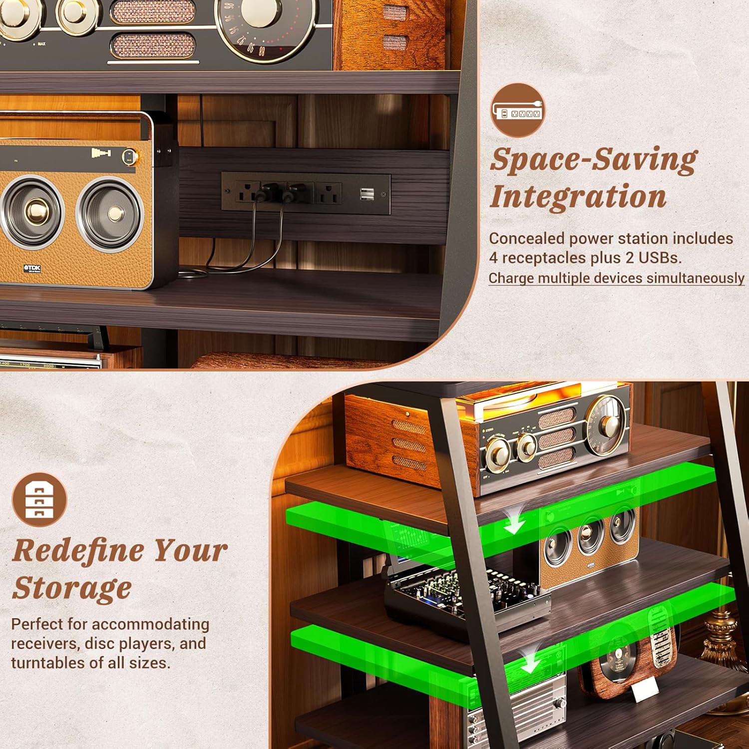 Adjustable Shelves and Integrated Power Strip