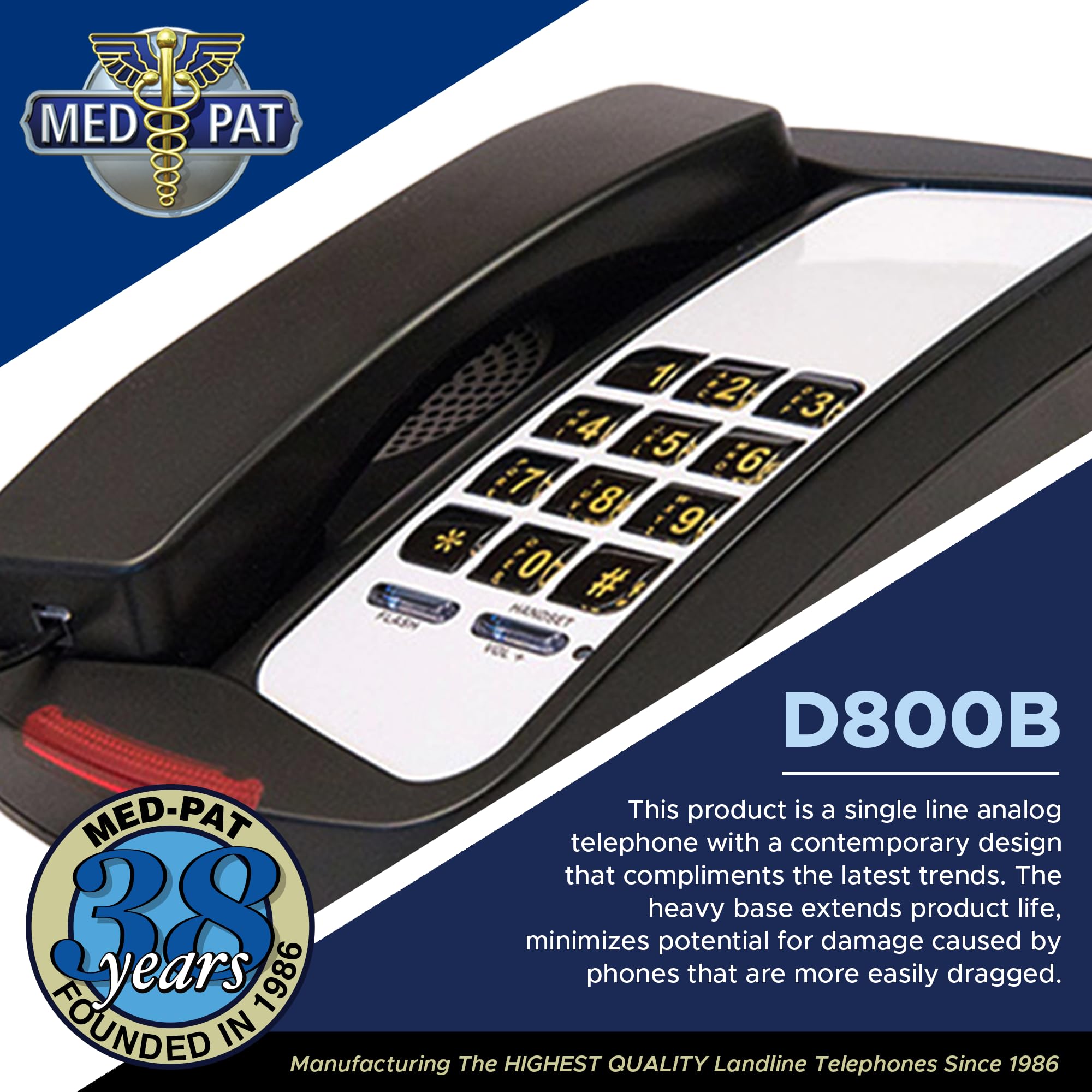 D800B- Single Line Analog Deskset Telephone with Super Bright Ring Light Indicator, Easy-to-Use Dial Pad, Advanced Audio Quality, Wall Mountable Landline Phone for Home & Office- Black