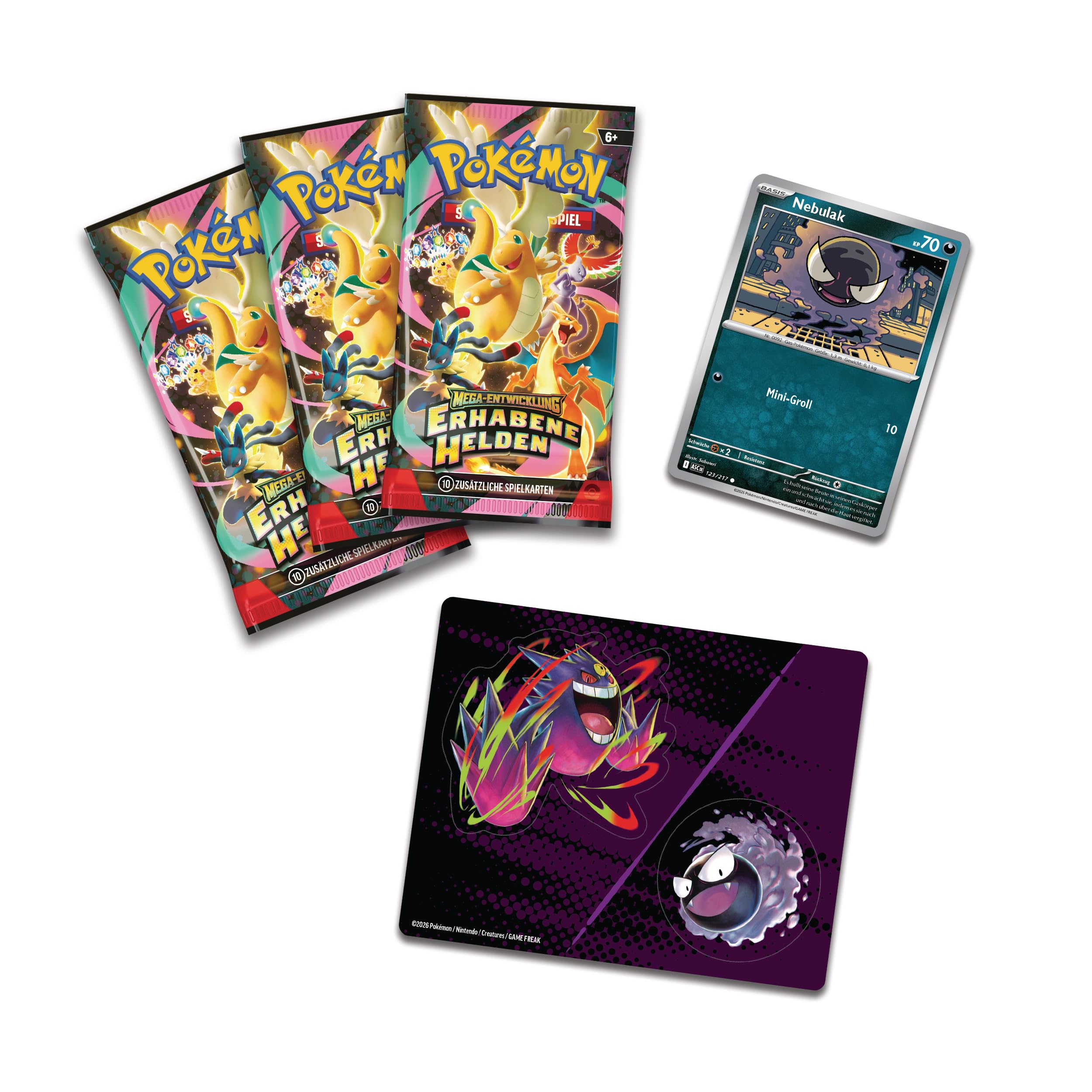 Pokémon-Sammelkartenspiel: Tech-Sticker-Kollektion Mega-Entwicklung – Erhabene Helden: Nebulak (1 holografische Promokarte und 3 Boosterpacks)