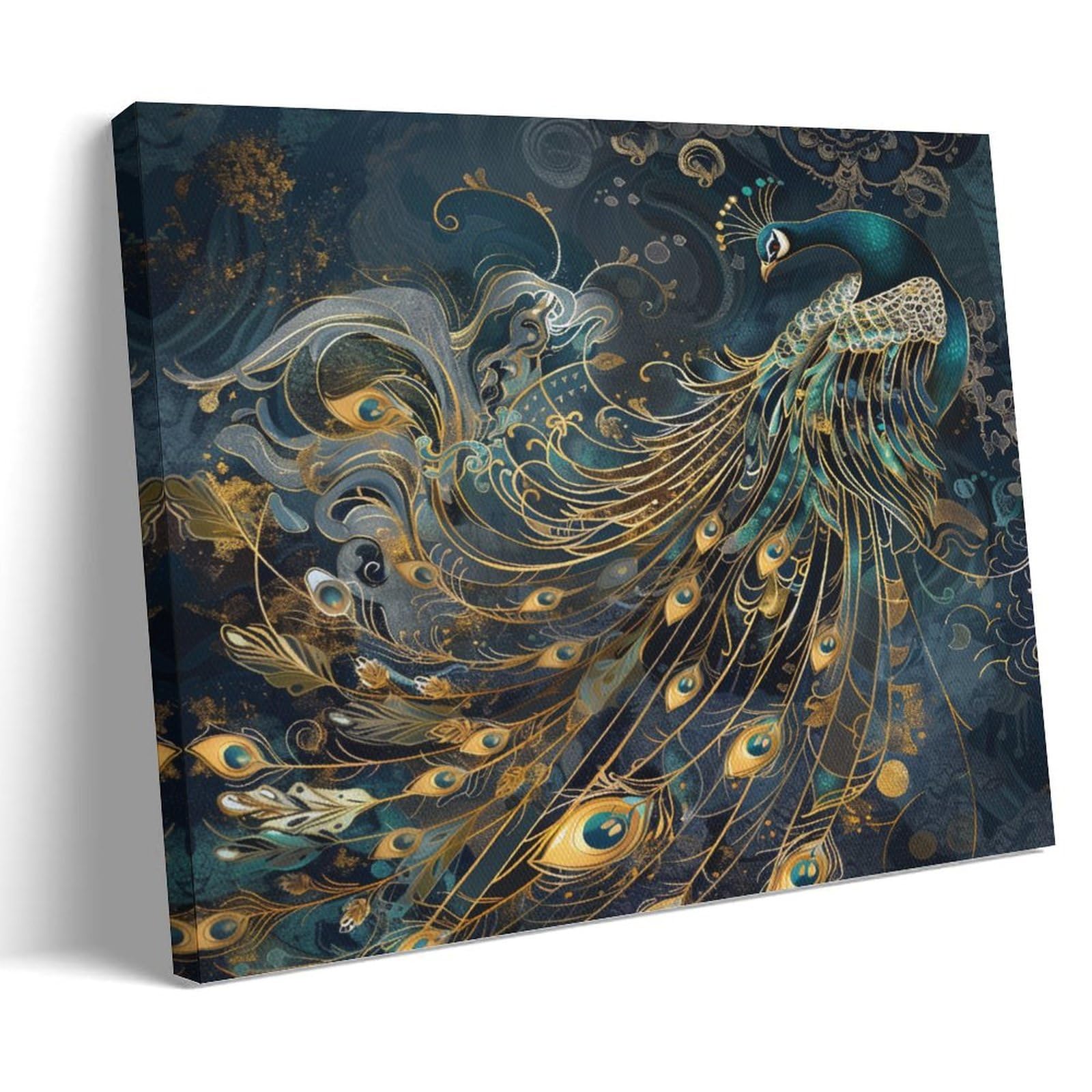 Fyfmushe Blue Peacock Canvas Wall Art Paintings Vintage Natural Animal Gold Bird Pictures On Canvas Prints Framed Ready To Hang Artwork For Bedroom Home Decor 16X24inch(40X60cm)