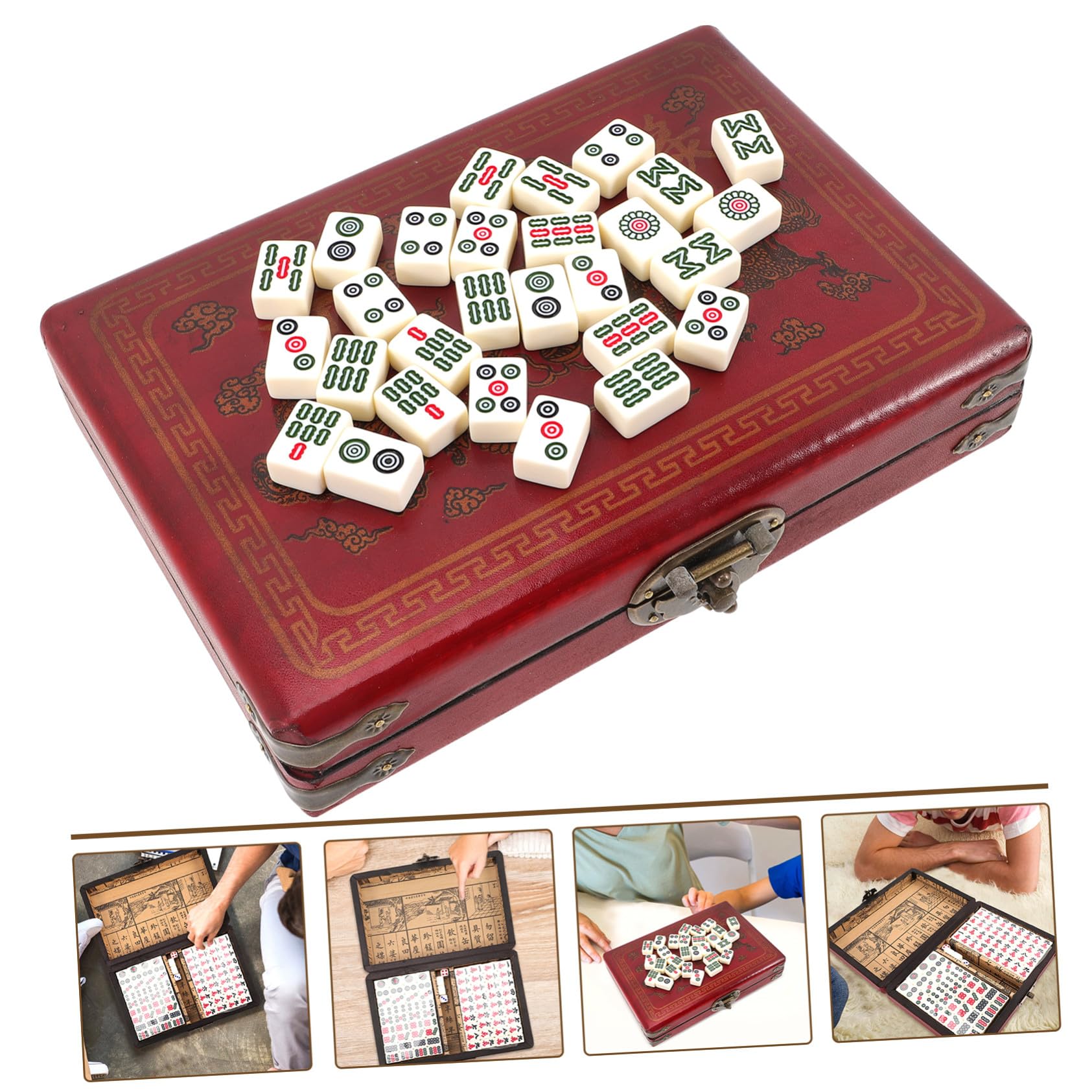 Mahjong Spielset 1 Satz aus Acryl und Holz, Kleine Reisespiel Requisite | Leichtes Format, Kompakt für Zuhause und Partys, mit Englischer Anleitung