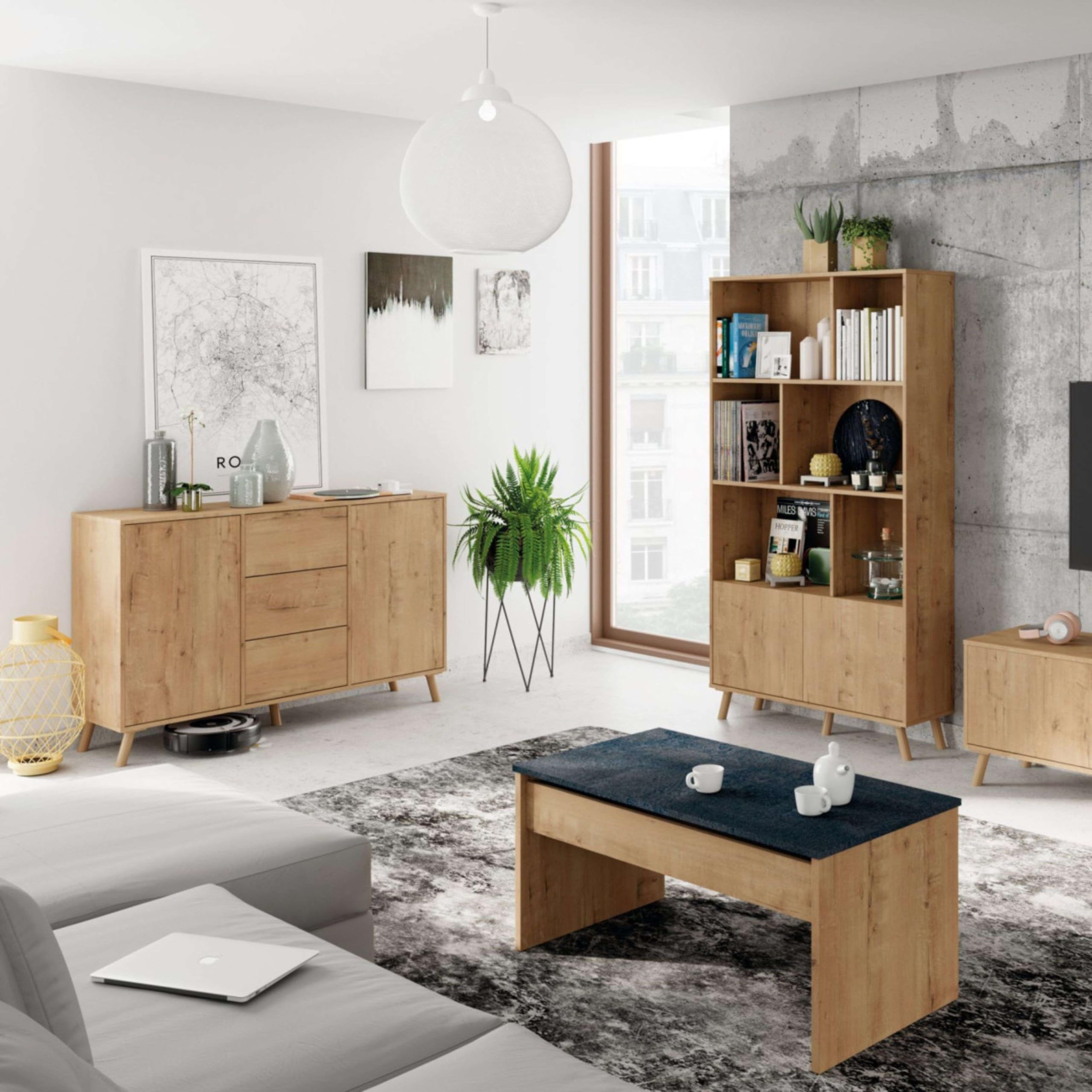 Muebles Pitarch | Aparador salone da pranzo, buffet, mobile ausiliario, 2 ante e 3 cassetti, rovere gold, 89x140x40 cm, dispensa, cucina, ufficio, moderno nordico, modello Oslo