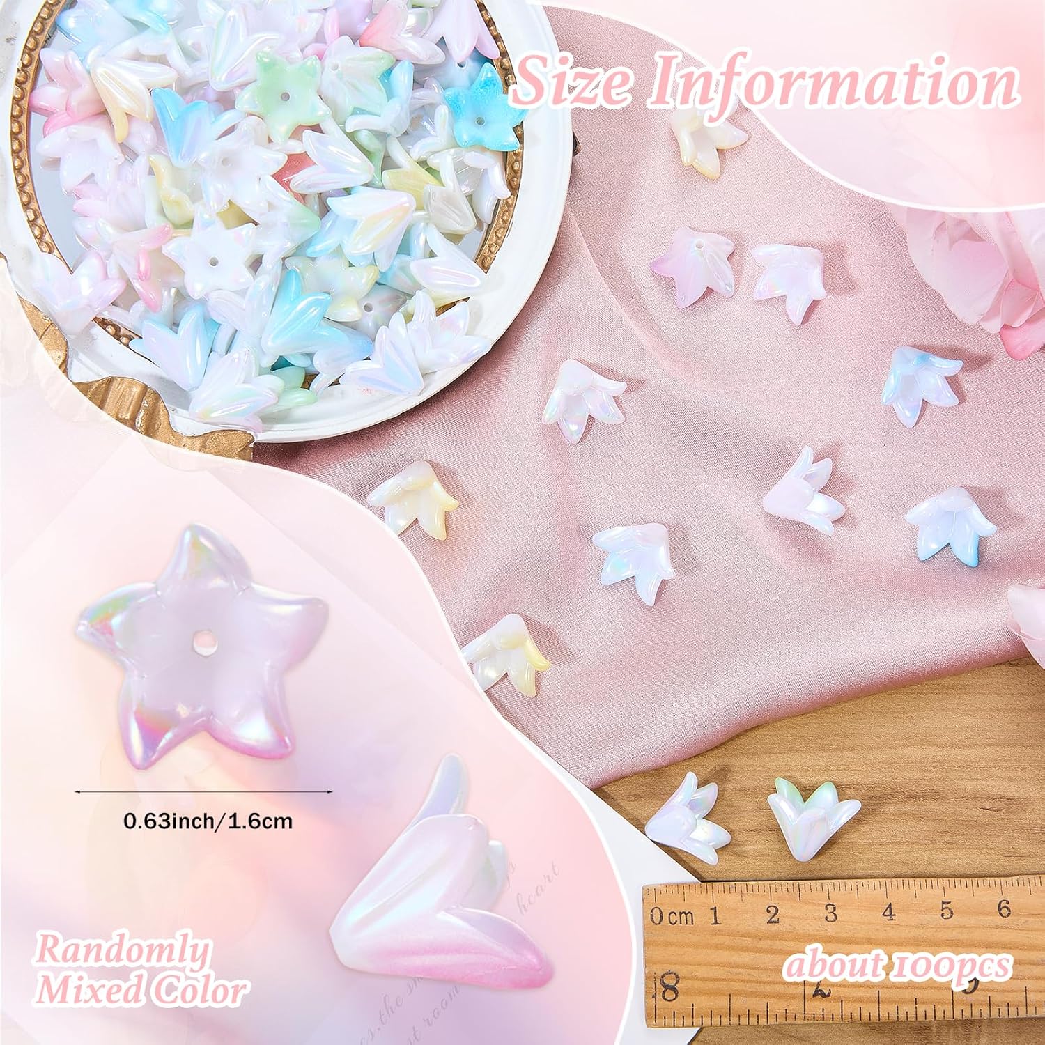 Ornaland 100Pcs Flower Beads for Jewelry Making Bulk Cute Acrylic Random Color Flower Bead Caps Five Petal Floral Beads for Bracelets Necklace Earrings DIY Crafts Supplies - Image 2