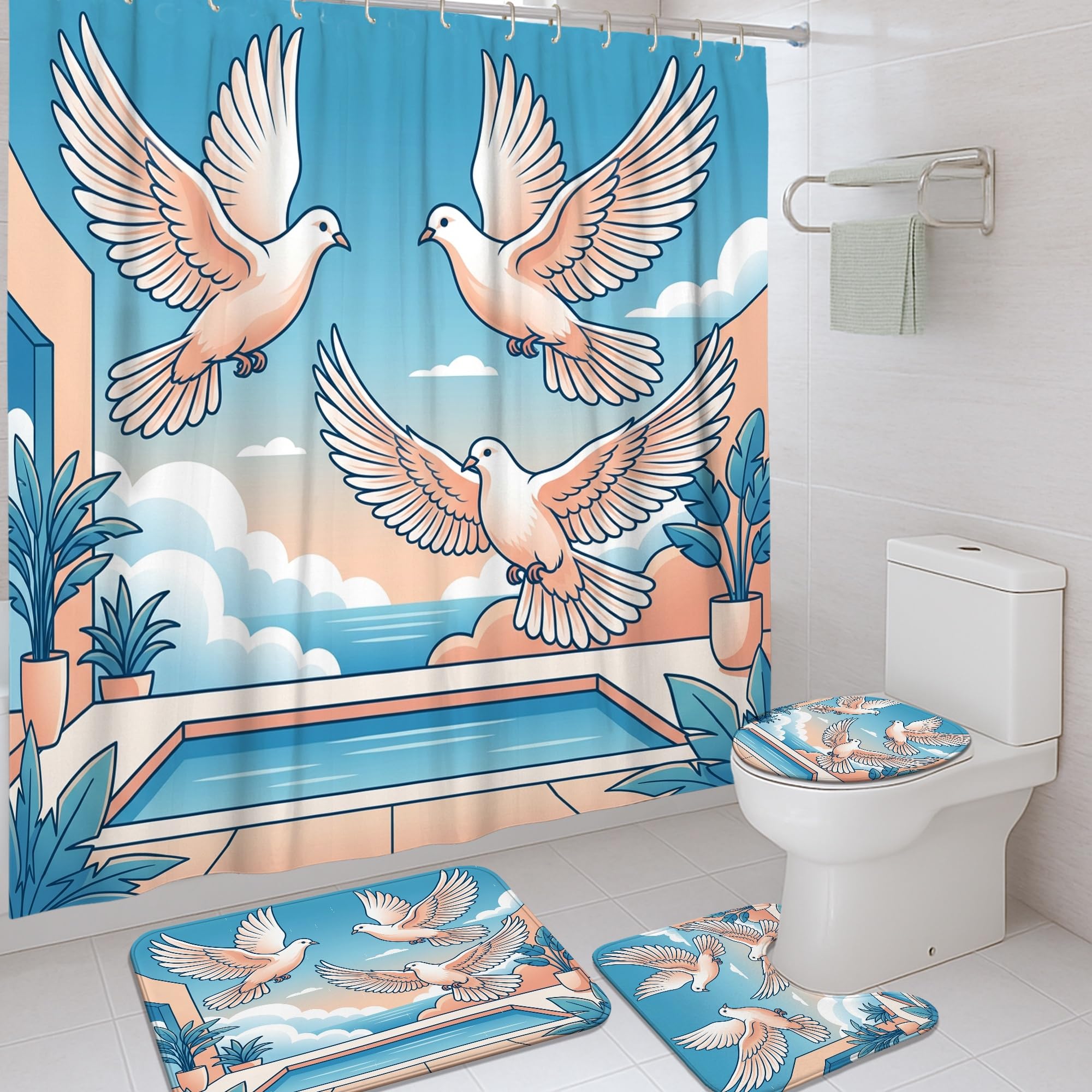Rideau de douche pigeon et tapis assorti en toile lavable pour baignoire de salle de bain