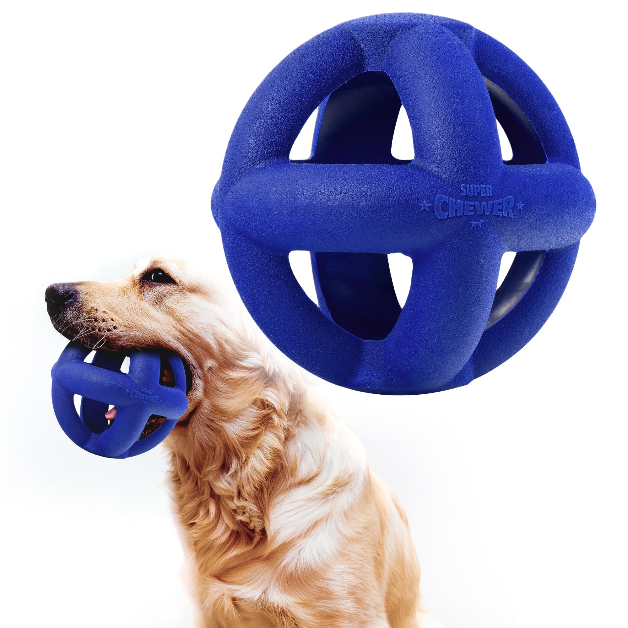 SuperChewer Tough Dog Cage Ball Toy | Lifetime Replacement | Strong Natural Rubber | Great Dog Fetch Toy | Chew Toys for Dogs | Ultra Durable Chew Toys fsor Aggressive Chewers | For Large Breeds