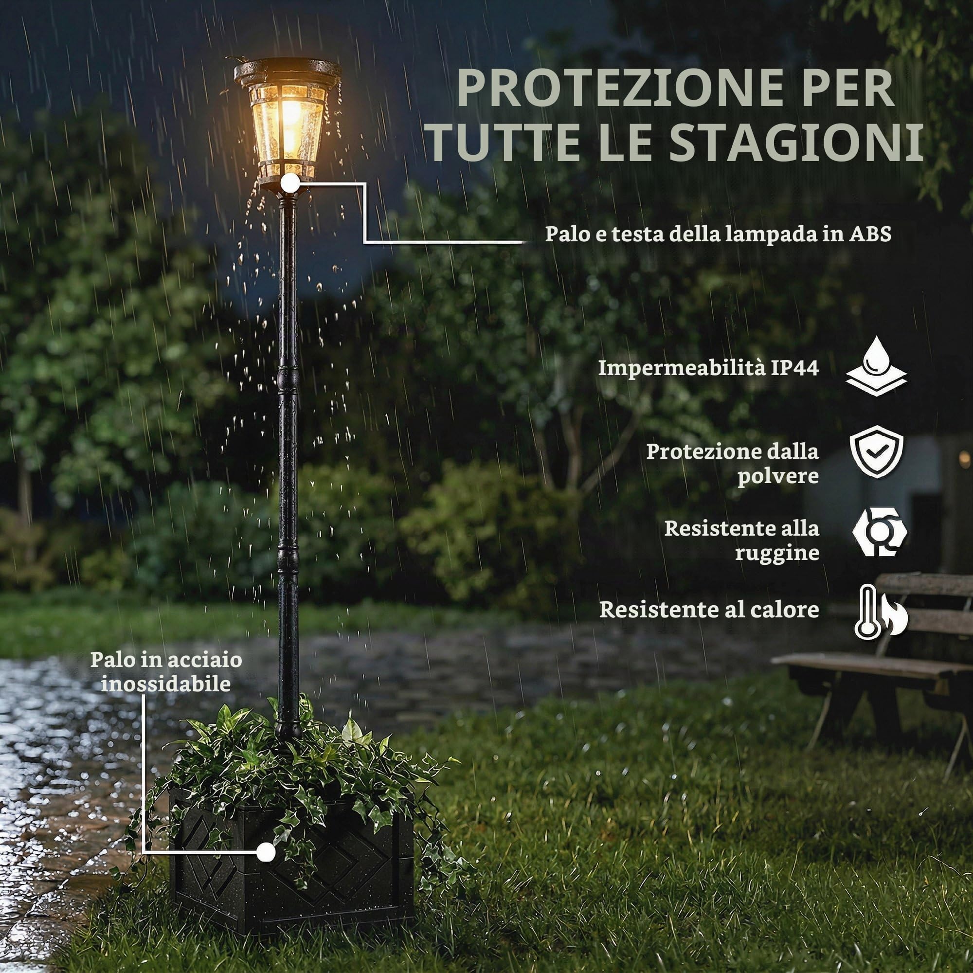 Outsunny Lanterna Solare Lampada da Terra con Vaso Fiori 195cm | Esterno, 2 livelli di luminosità, interruttore crepuscolare, IP44, lampada solare, per balcone giardino
