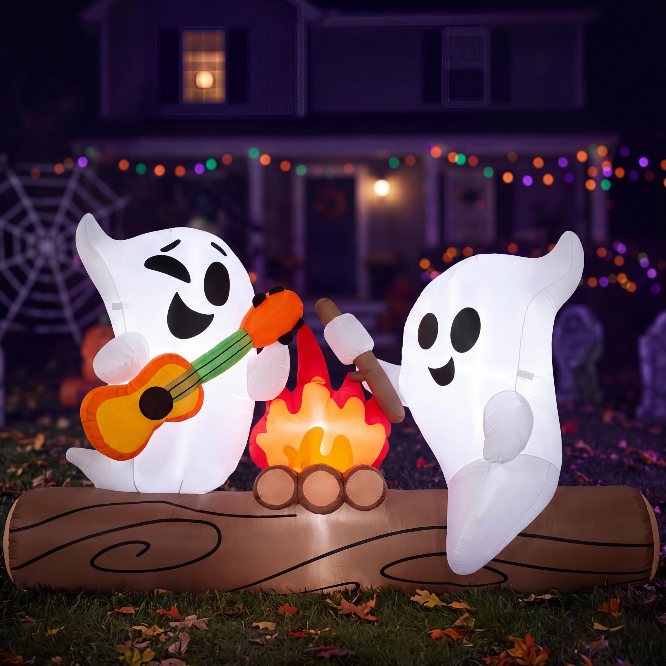 Joiedomi Nadmuchiwany duch o długości 1,8 m na Halloween, dekoracja zewnętrzna, śliczna dmuchana duch pieczeni wata cukrowa nad ogniskiem z diodami LED, dekoracja podwórka na imprezę świąteczną do