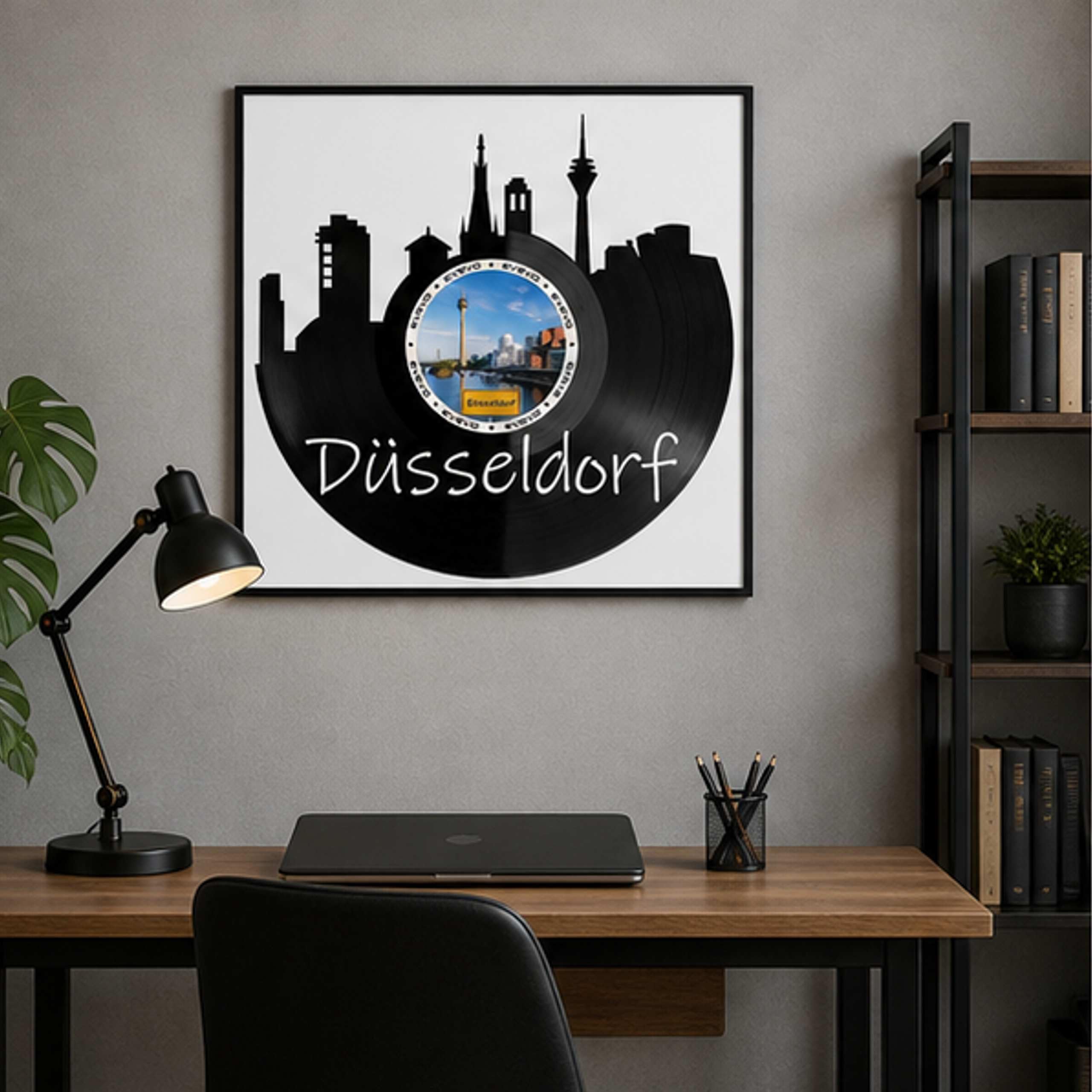 EVEVO Decorazione da parete in vinile con cornice, 32 x 32 cm, Düsseldorf – Decorazione da parete in vinile con metropoli del Reno, idea regalo per gli appassionati di Düsseldorf