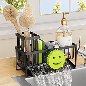 Kitchen Sink Organizer,Sink Caddy Organizer with Removable Brush Holder,Self-Draining Countertop Organizers and Storage Essentials,Home Decor and Kitchen Gadgets-Black