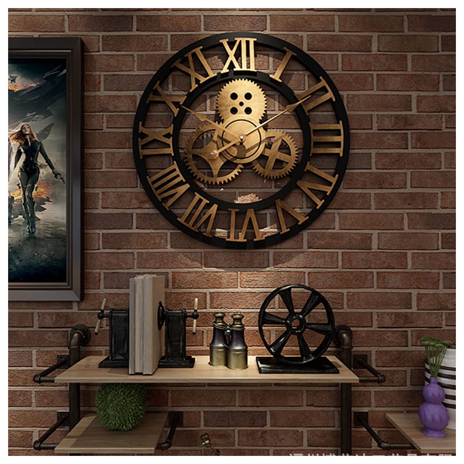 Cichy Zegar ścienny Z Cyframi Rzymskimi, Duży Zegar Bez Tykania, Dekoracyjny Zegar W Stylu Vintage, Wykonany Z Litego Drewna (Black gold 45 cm)