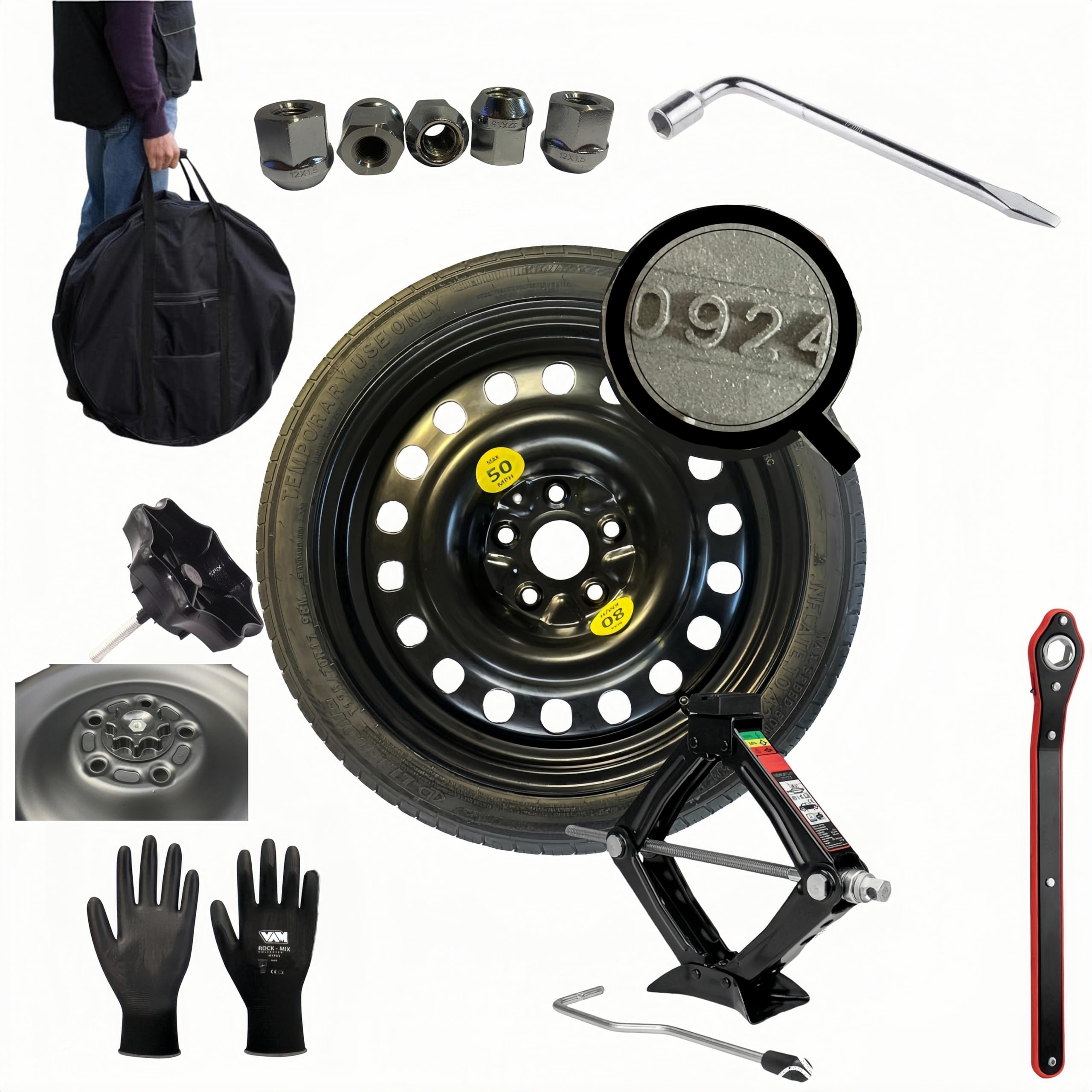 Kit Ruotino di Scorta 17" compatibile con Toyota Rav4 Con Cric Chiave Sacca, Vite di fissaggio e Guanti 165/80R17