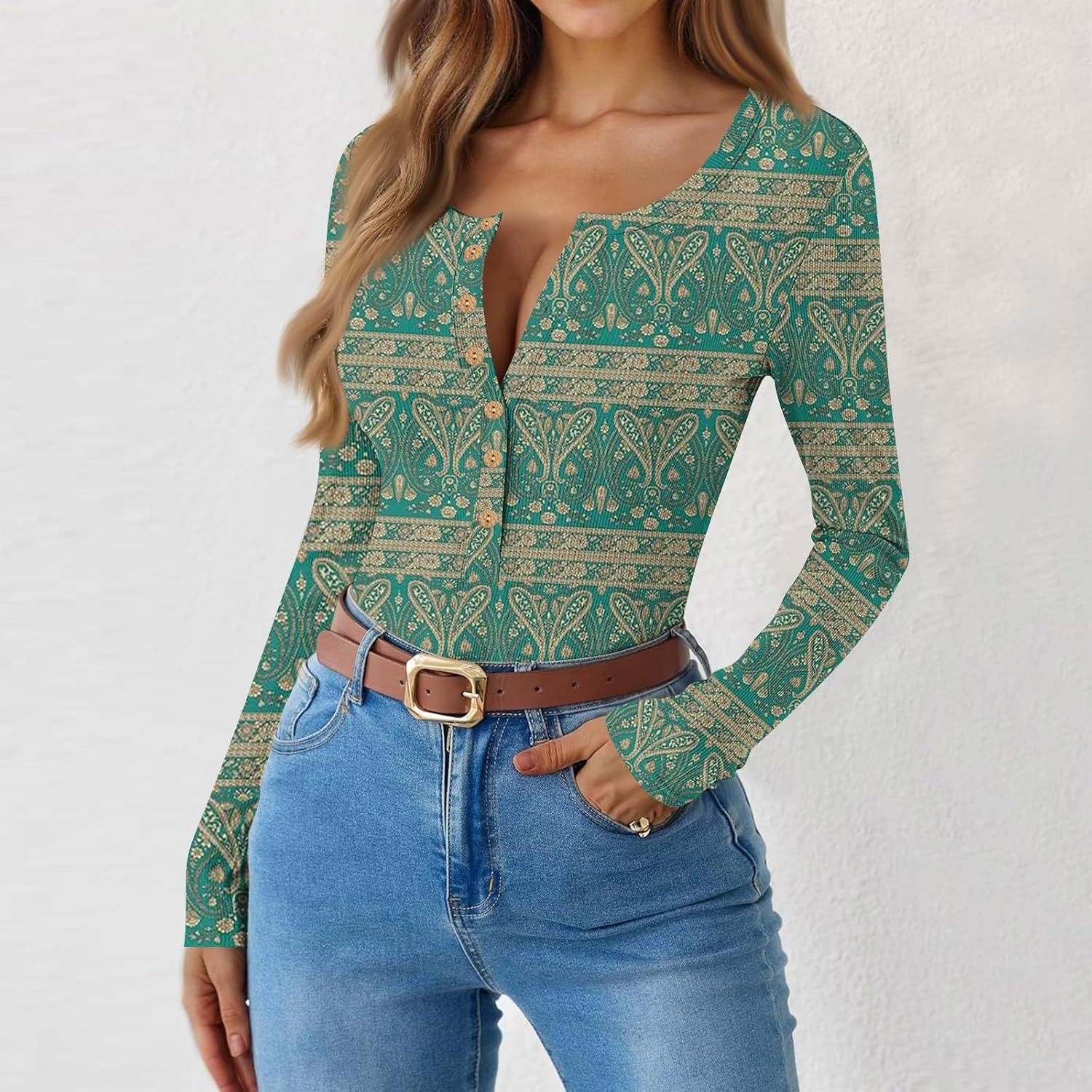 Kenvina Womens Long Sleeve Tops Print Basic Tees Fall Casual Blouse Slim Fit Henley T Shirts Button Trendy Outfits Clothes - Image 5