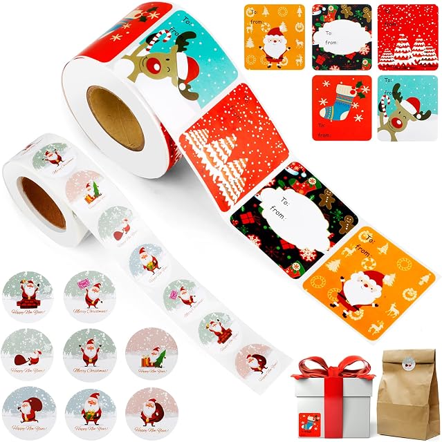 500 Pcs Christmas Sticker Gift Labels & 500 Pcs Round Stickers, Xmas Gift Stickers Labels, Santa Claus Stickers Labels Self Adhesive Christmas Name Tag Decorative Xmas Labels for Christmas