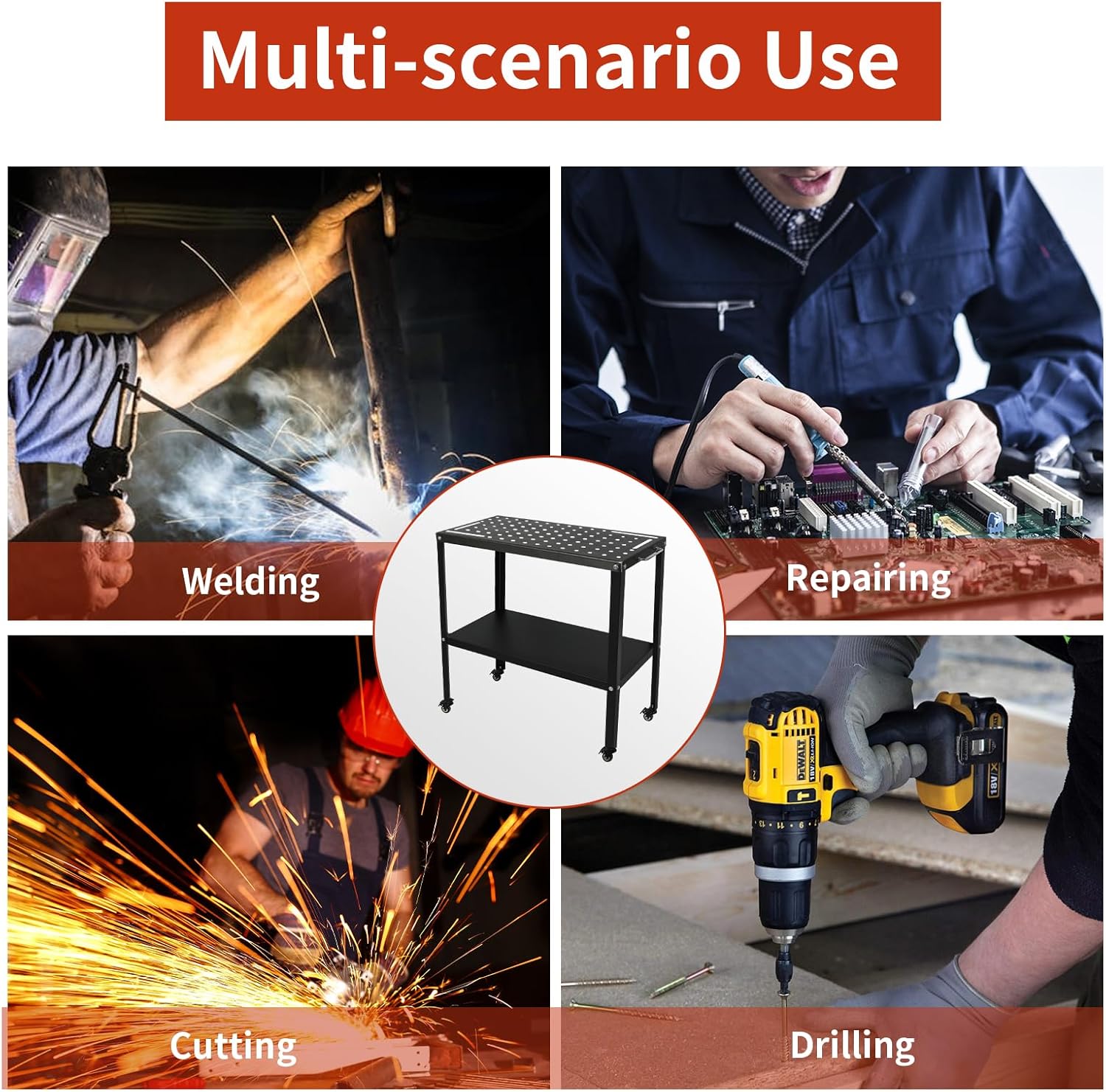 Welding Table Welding Cart 36”×18”, 1200lbs Load Capacity Industrial Workbench with 5/8" Holes Fixture Table with Wheels