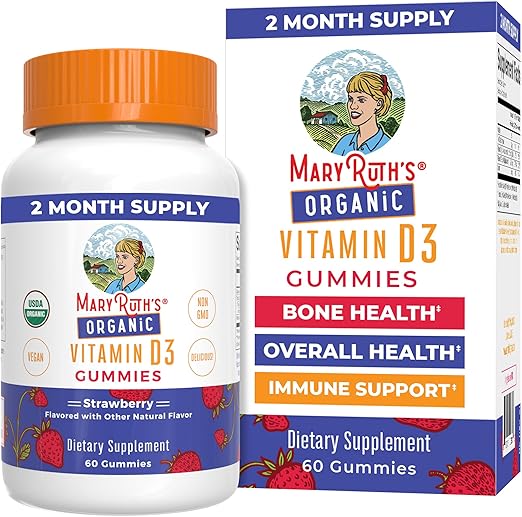 MaryRuth Organics Organic Vitamin D3 Gummies | 1000 IU | USDA Organic | Immune Support| Bone Health | Muscle Function | for Adults & Kids Ages 2+ | Vegan | Gluten Free | 2 Month Supply | 60 Count