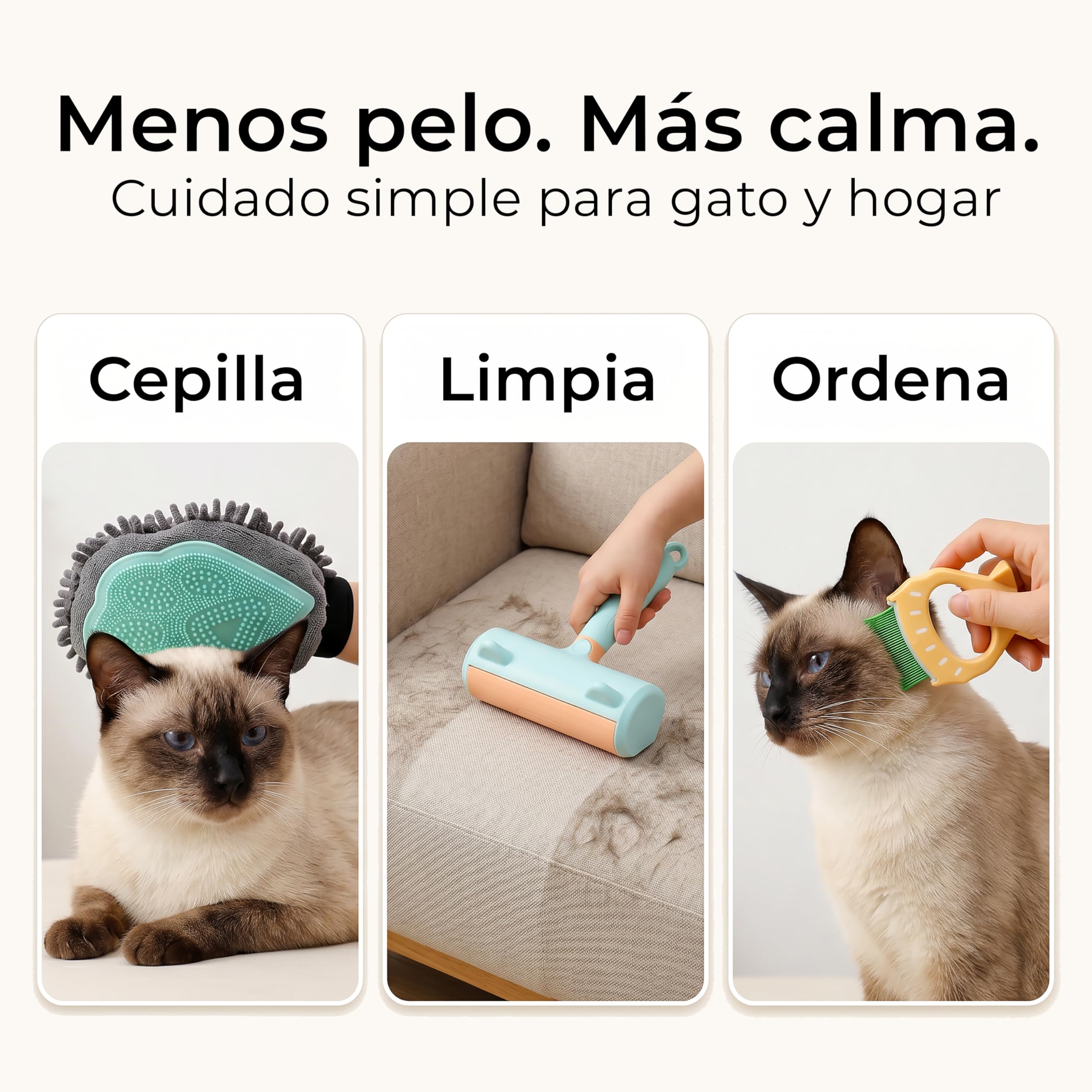 Kit Quitapelos Premium para Gatos de Interior - Guante Suave Mejorado con Velcro Firme + Cepillo Quitapelos Reutilizable para Sofá y Ropa + Mini Peine - Pack Todo en Uno