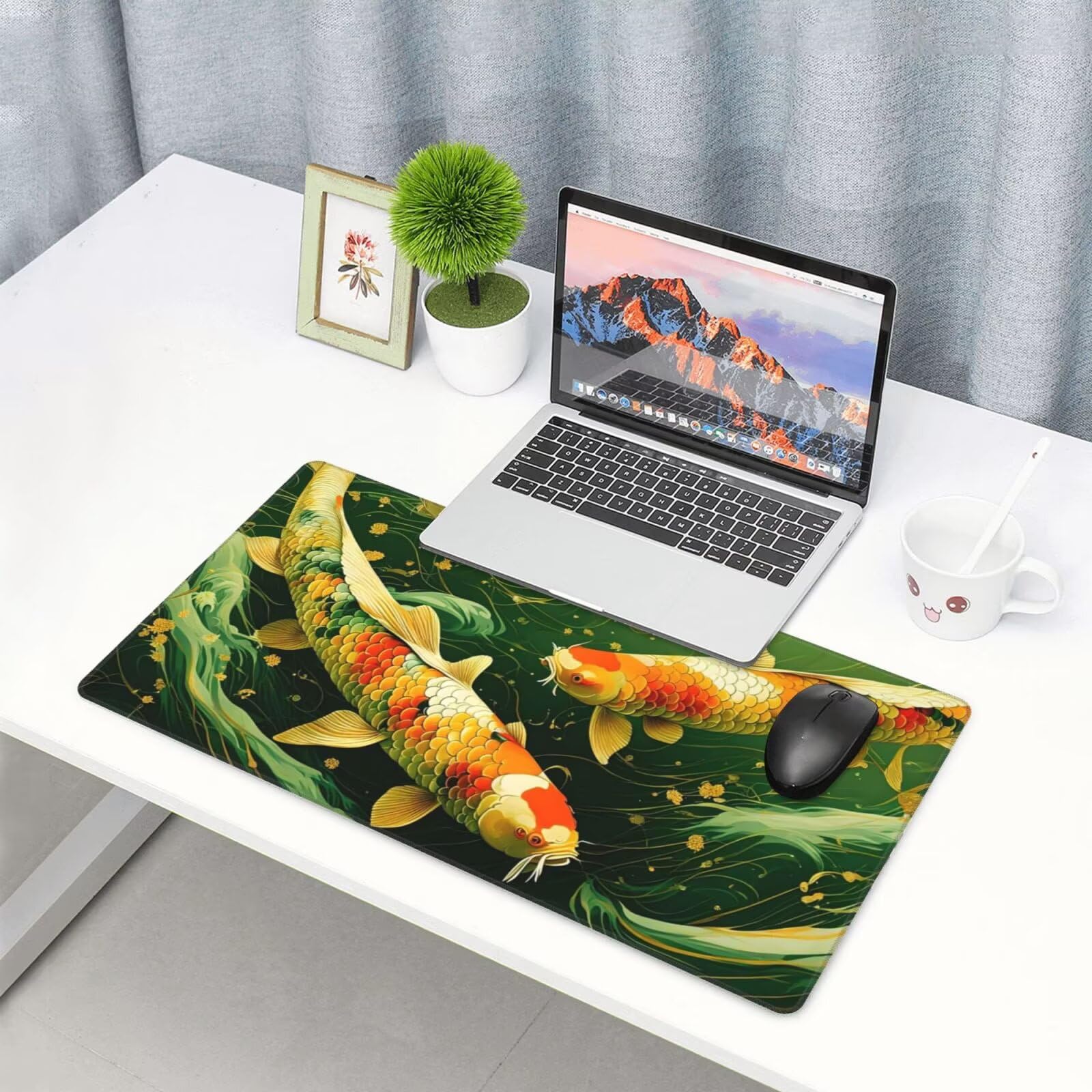 Gamingowa podkładka pod mysz XXL 1200 x 600 mm, zielona podkładka pod mysz, złota rybka, duża, 120 x 60 cm, rozszerzona podkładka na biurko, akcesoria gamingowe z przyszytymi krawędziami, poprawia