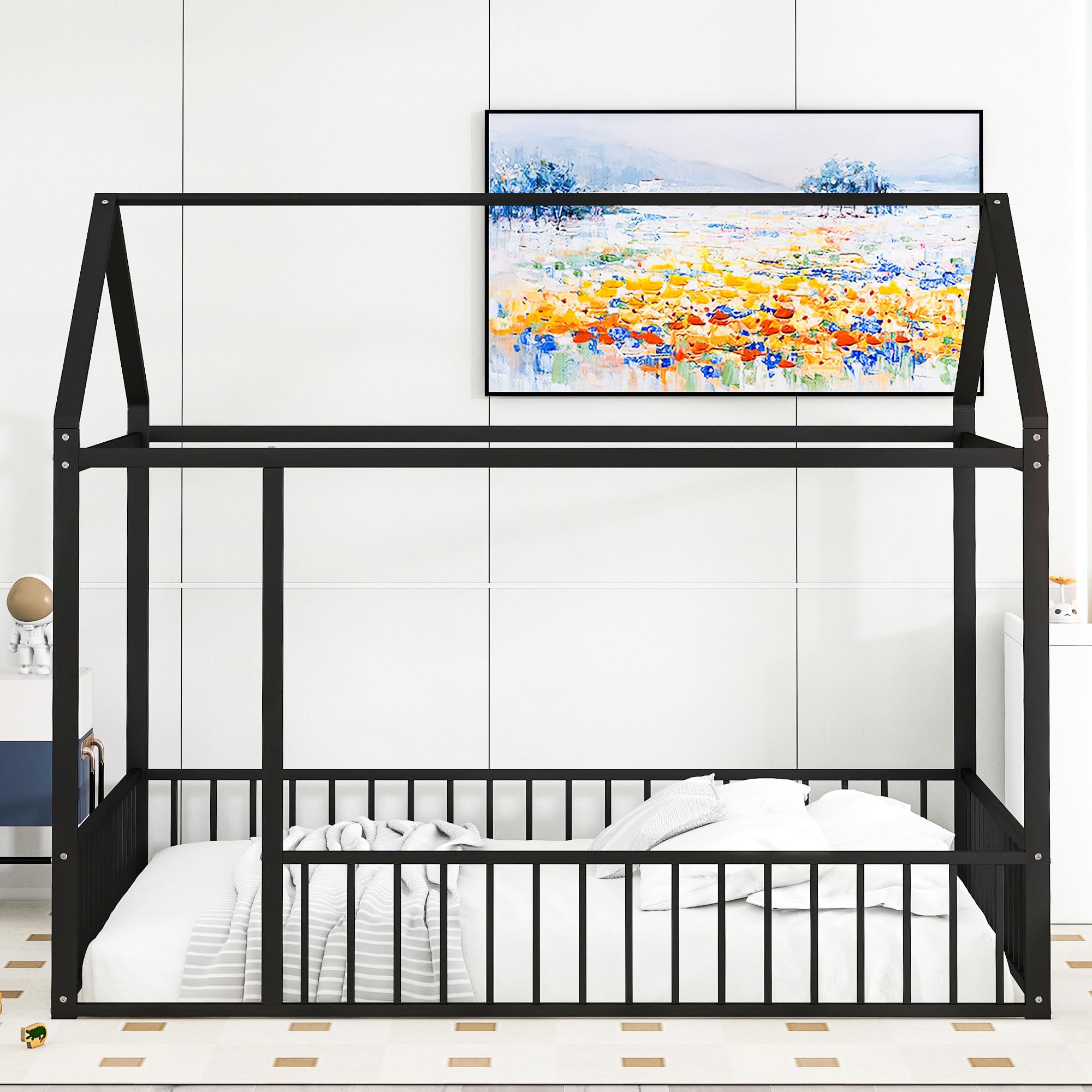 SOFTSEA Full Size Metal Bed Frame with Fence, Twin House Floor Bed with Fence Railings, House Shaped Bed for Kids, Floor Bed Frame with Roof, Black