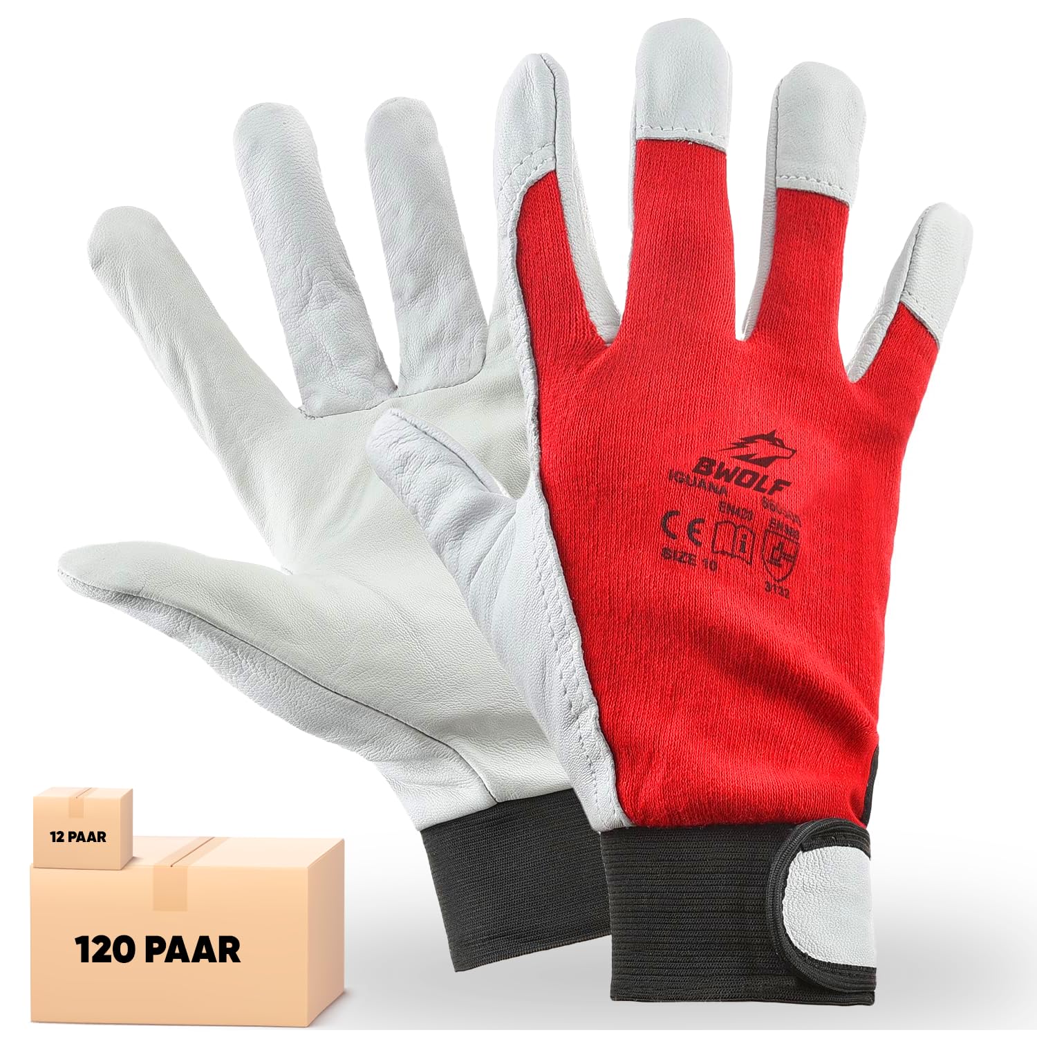 BWOLF IGUANA Gants de Travail en Cuir – Lot Économique de 12 ou 60 Paires – Gants de Protection Résistants pour Professionnels 10, 12 Paires