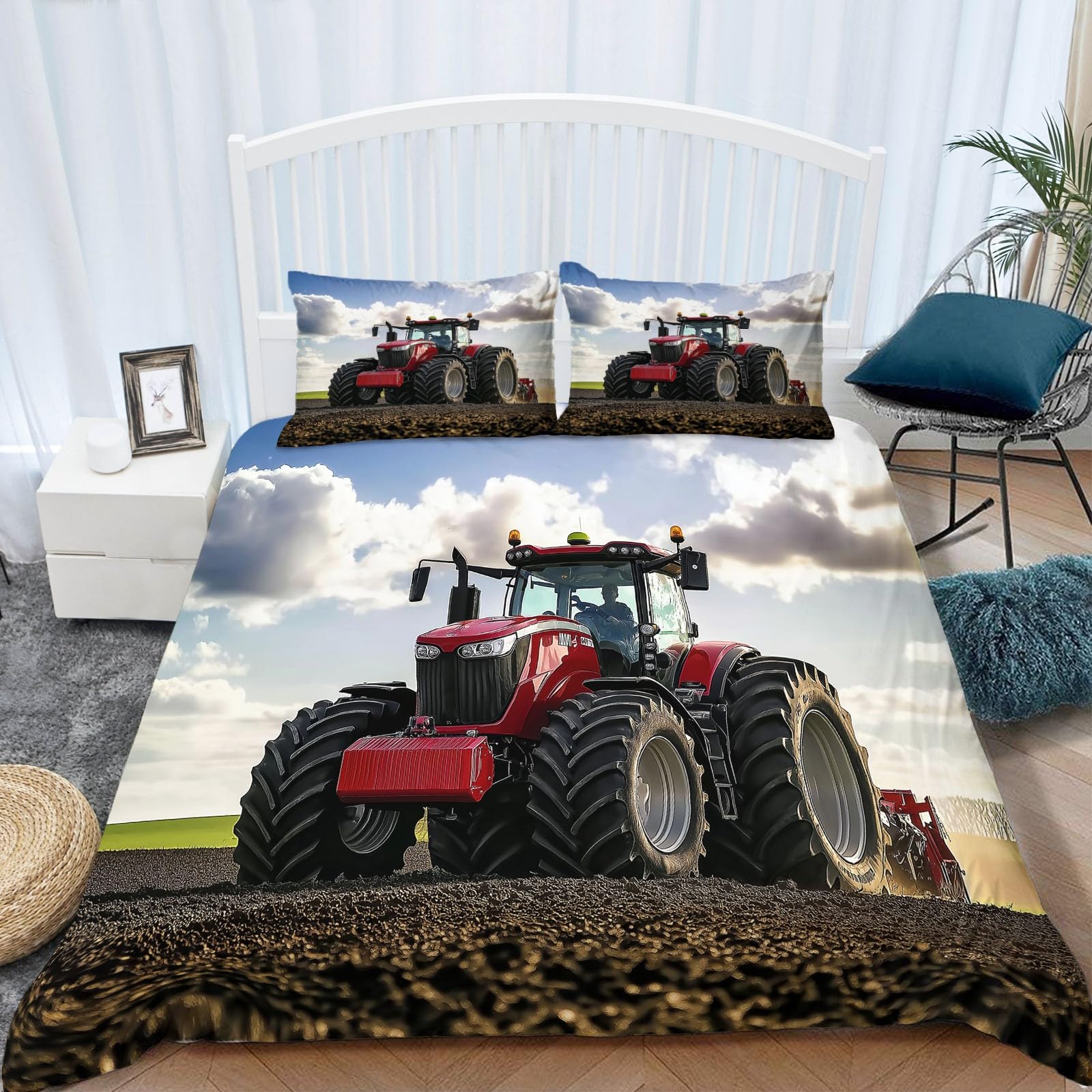 Generisch Bettwäsche-Sets 155x220cm Roter Traktor Bettwäsche 3 Teilig, Weich Atmungsaktiv Polyester-Baumwolle Bettbezug Set mit Reißverschluss, 2 Kissenbezüge 80x80 cm