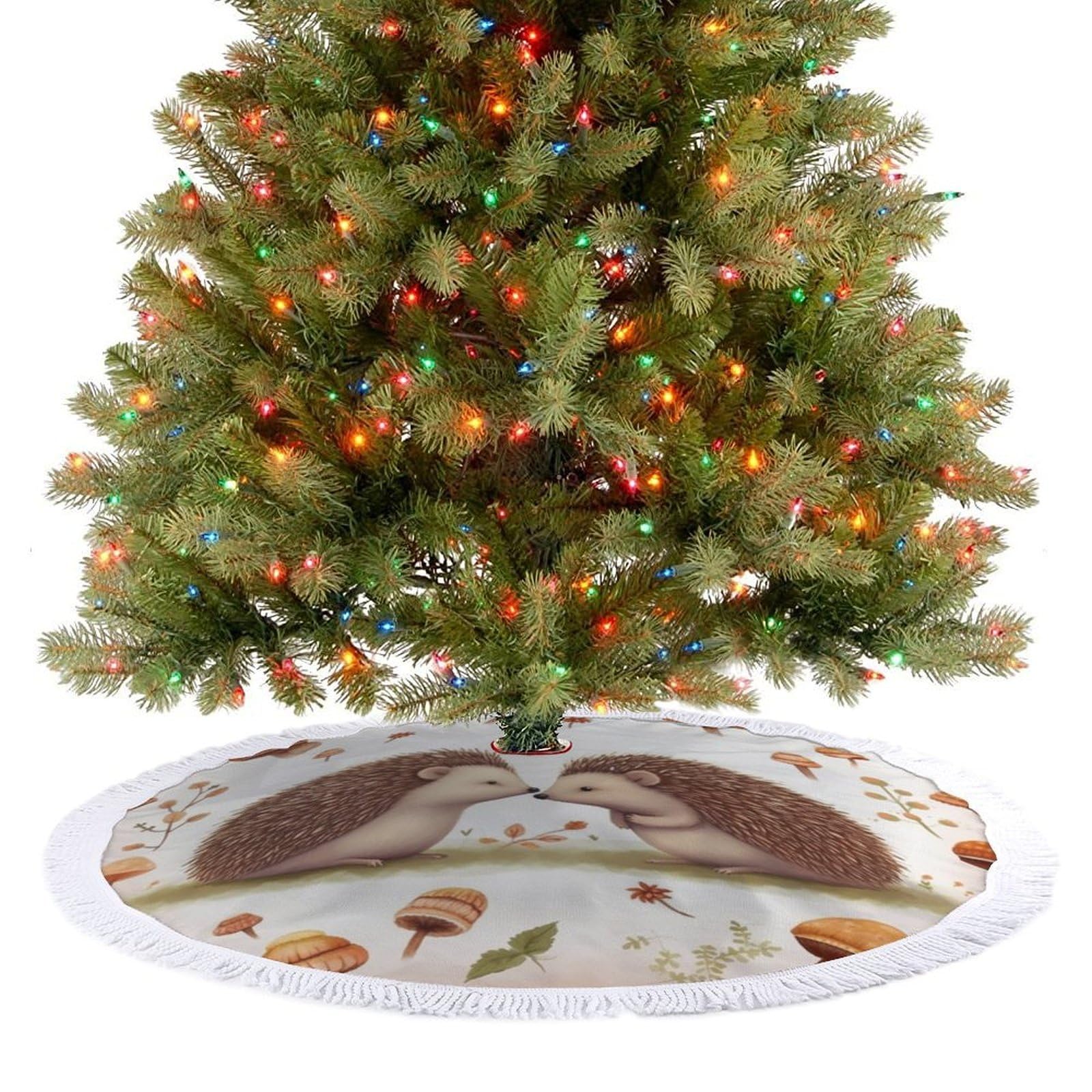 Nature Lovely Hedgehog Lovers Christmas Tree Skirt 48"x48" Rustic Xmas Tree Mat with Tassel Ornament Christmas Trees Cover Skirt Mat for Evergreen Trees Ornament Winter Holiday Mats Decorations