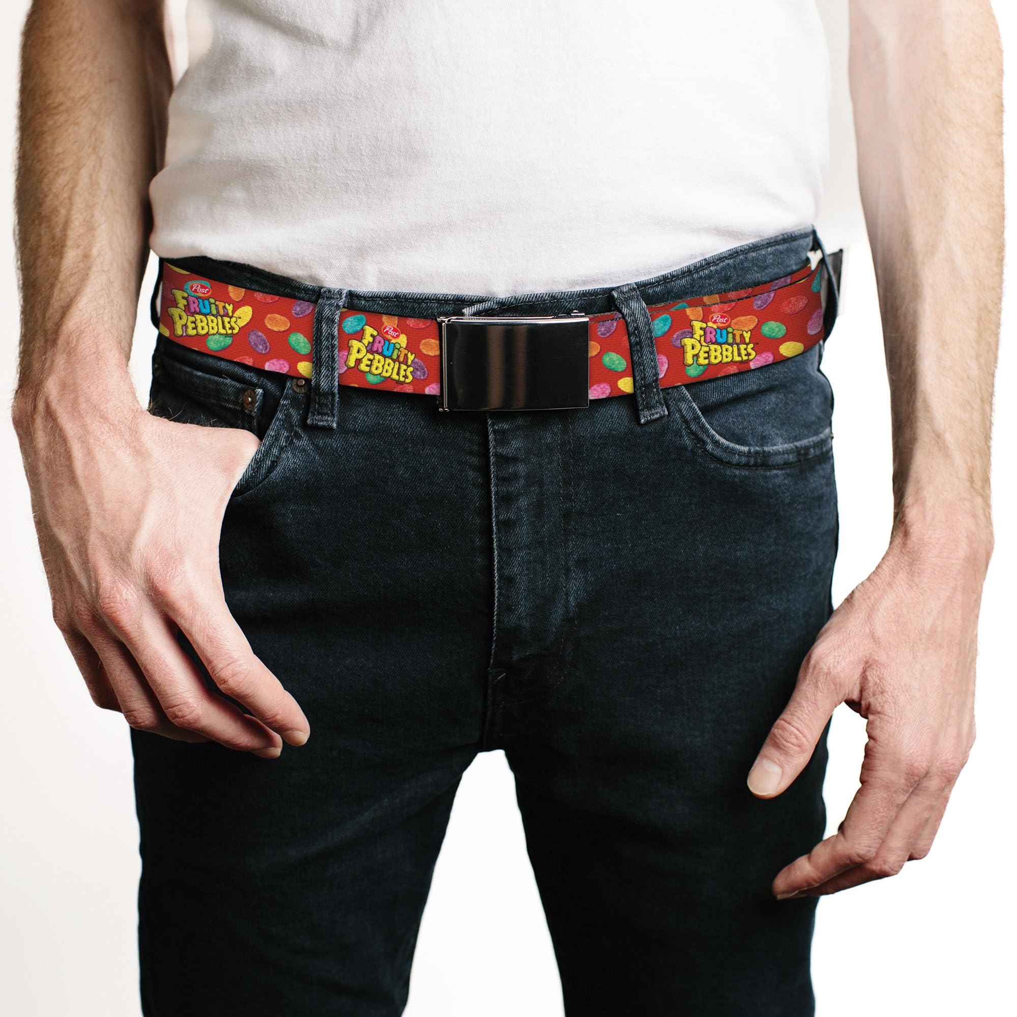 Buckle-Down The Flintstones Belt, Flip Web Belt Post Fruity Pebbles Logo and Cereal Scattered Red Multi Color, 1.5 Inch Wide, Fits up to Size 42