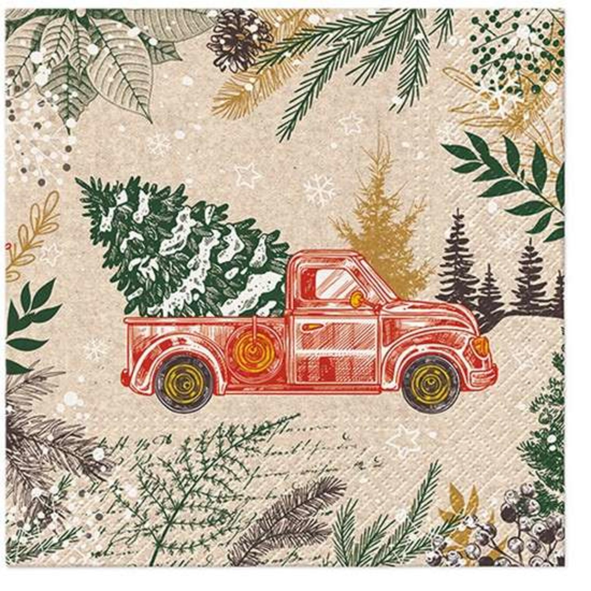 Set of 2 Individual Decoupage Paper Party Napkin Christmas Red Truck Kraft Watercolor Decor Luncheon Napkins for a Birthday Holiday, Wedding, Cocktail Party